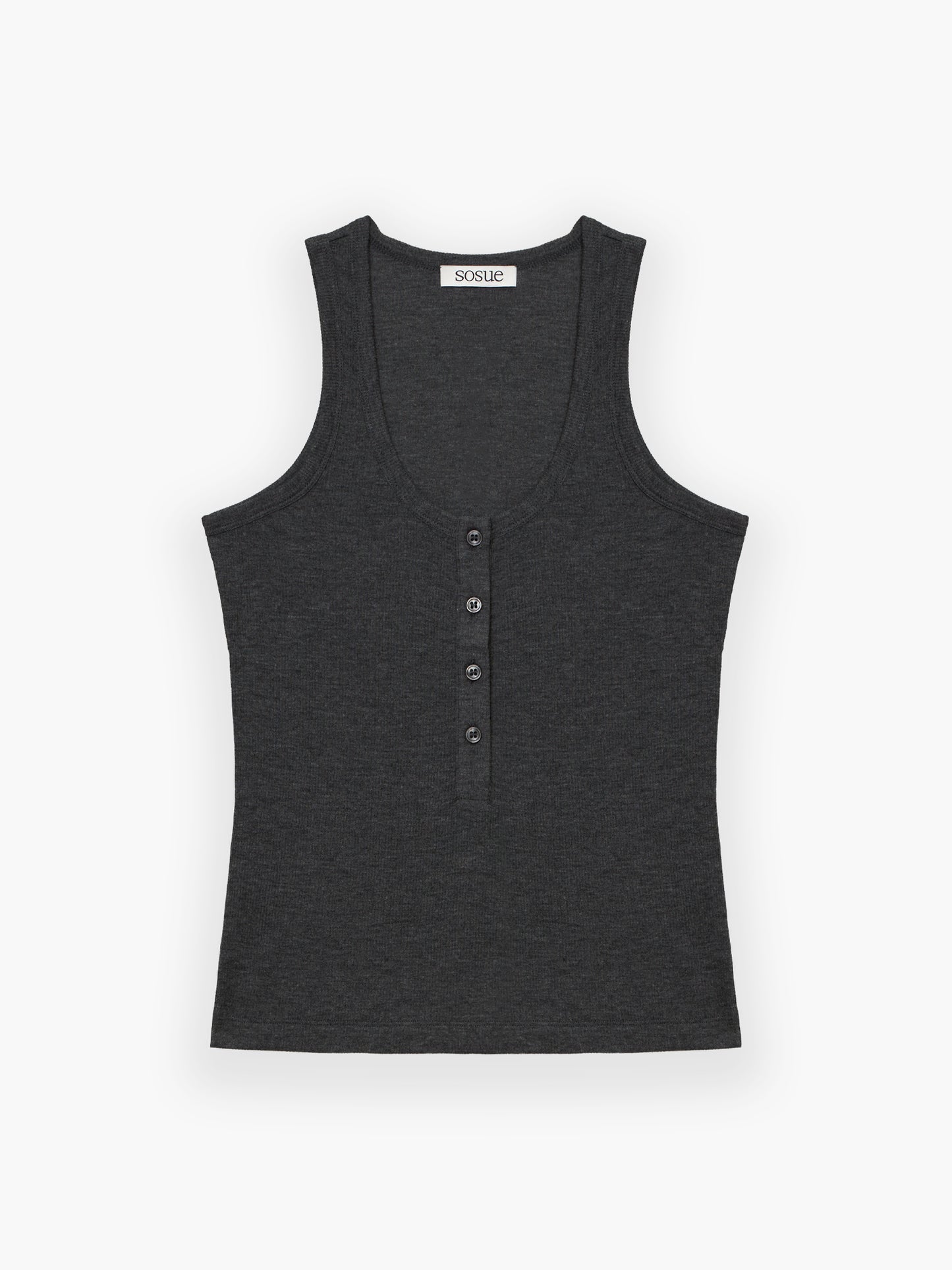 Das Tank Top Anthrazit ist ein ärmelloses, anthrazitfarbenes, geripptes Tank-Top mit Rundhalsausschnitt und Vier-Knopf-Knopfleiste, das flach auf weißem Grund abgebildet ist.