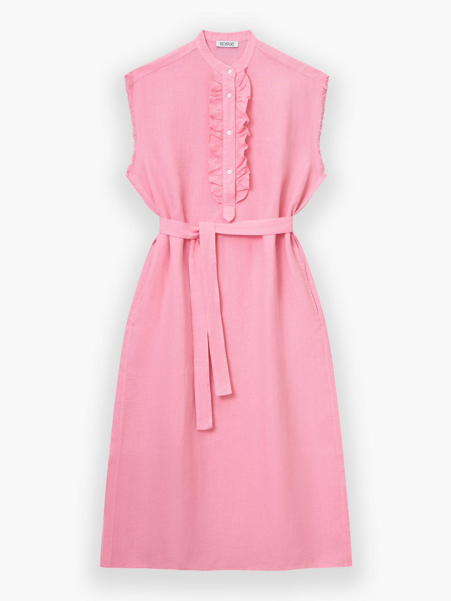 Das Kleid Barcelona Pink ist ein ärmelloses, knielanges, rosa Kleid mit Taillengürtel, Knopfleiste und Rüschendetails an den Knöpfen. Es ist aus weichem, leichtem Stoff gefertigt und sieht einfach und elegant aus.