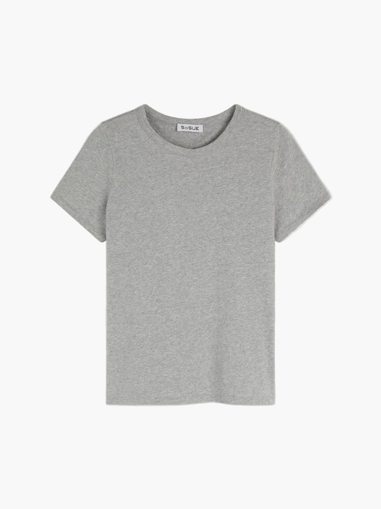 Das T-Shirt Roundneck Grey ist ein klassisches Damen-T-Shirt in Grau aus weicher Baumwolle, kurzärmelig und schlicht, präsentiert vor weißem Hintergrund.