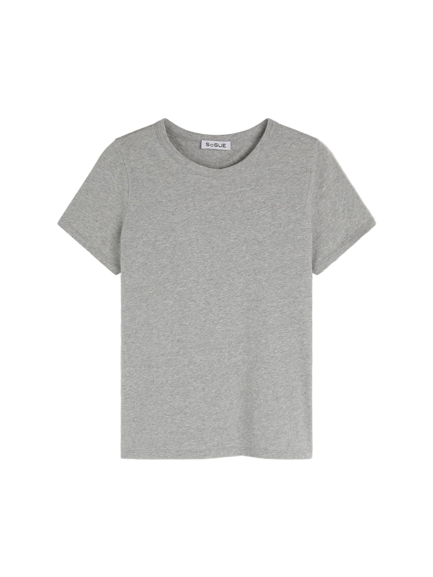 Das T-Shirt Roundneck Grey aus Baumwolle mit kurzen Ärmeln ist auf weißem Hintergrund zu sehen.