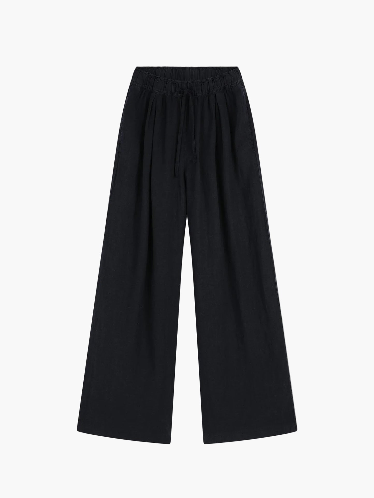 Weit geschnittene Sommerhose Pants Josy Linen Navy aus Leinen, in Dunkelblau mit elastischem Bund und Kordelzug, flach auf weißem Hintergrund präsentiert.