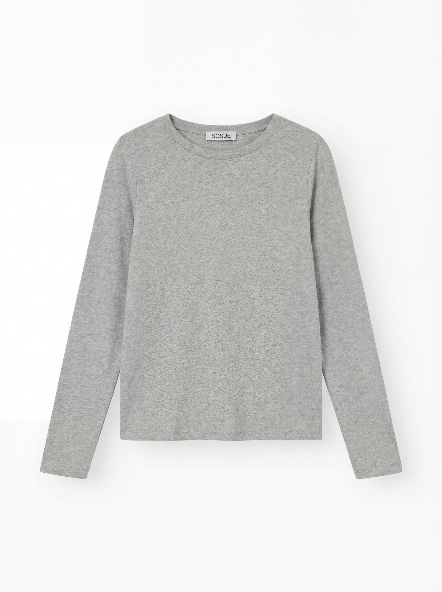 Das Langarmshirt in Grau hat ein schlichtes, hellgraues Design mit Rundhalsausschnitt und ohne sichtbare Muster, Logos oder Verzierungen, flach auf weißem Hintergrund.