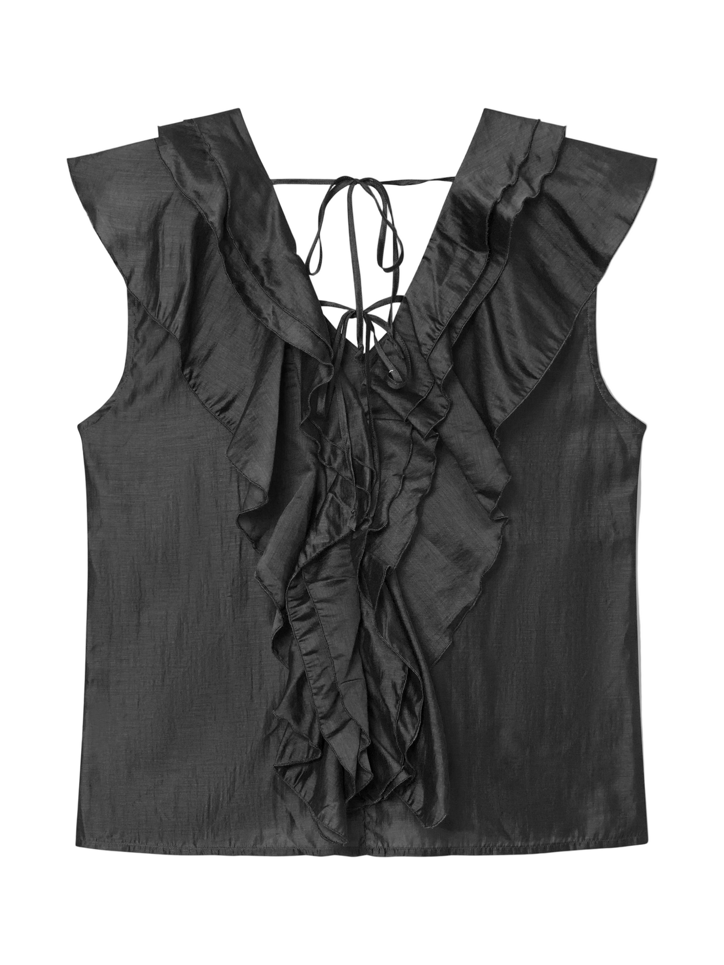 Das Top Ruffle black ist eine ärmellose Damen Bluse mit tiefem V-Ausschnitt, Rüschenbesatz auf der Vorderseite und an den Schultern, dünnen Bindebändern im Nacken und ist aus dezent glänzendem, leichtem Stoff für einen eleganten Look gefertigt.