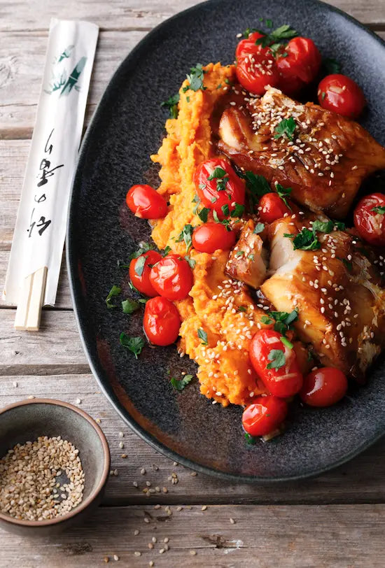 Zuckerfrei Kochen: Süsskartoffelpüree mit Teriyaki-Fisch