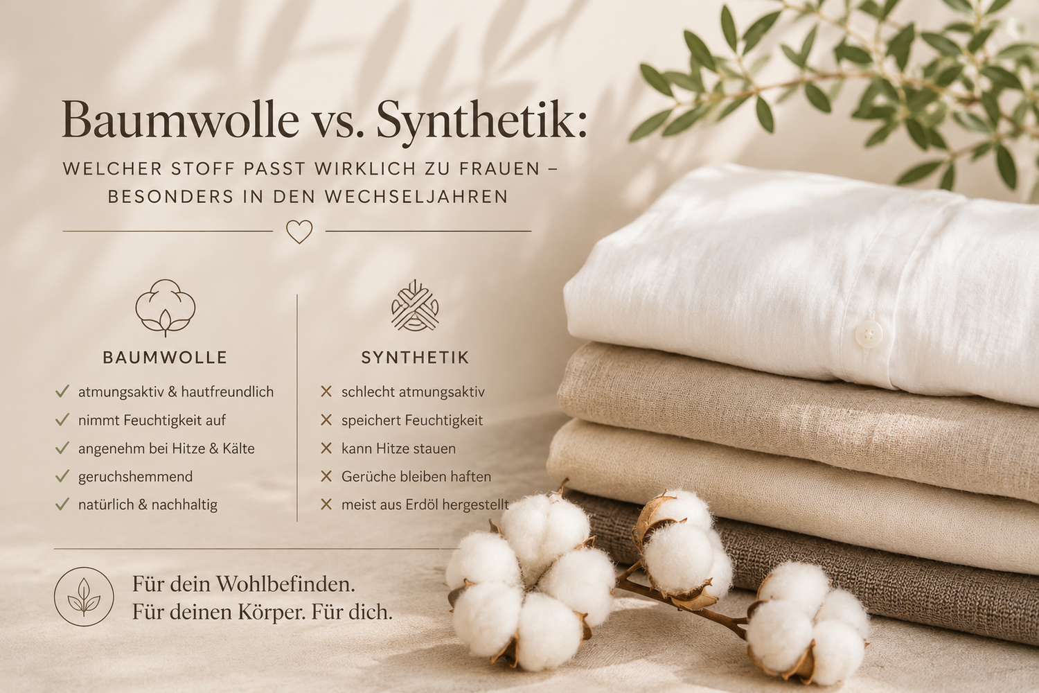 Vergleich von Baumwolle und Synthetik besonders für Frauen in Wechseljahren