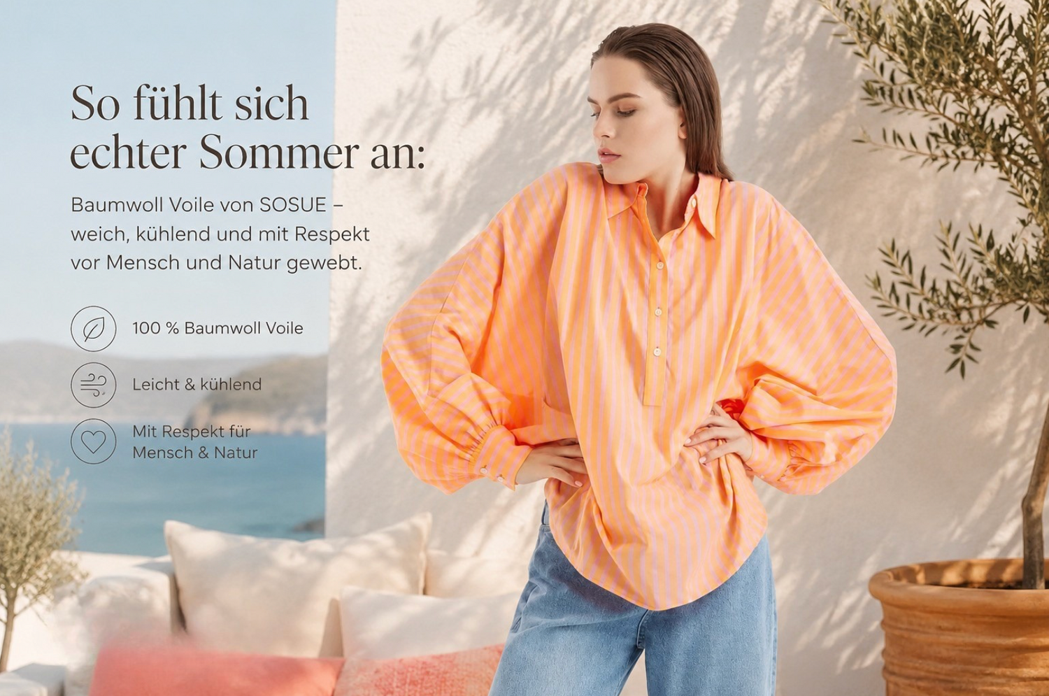 Frau trägt SOSUE Baumwoll Voile Bluse im Sommer 2026 - effortless chic