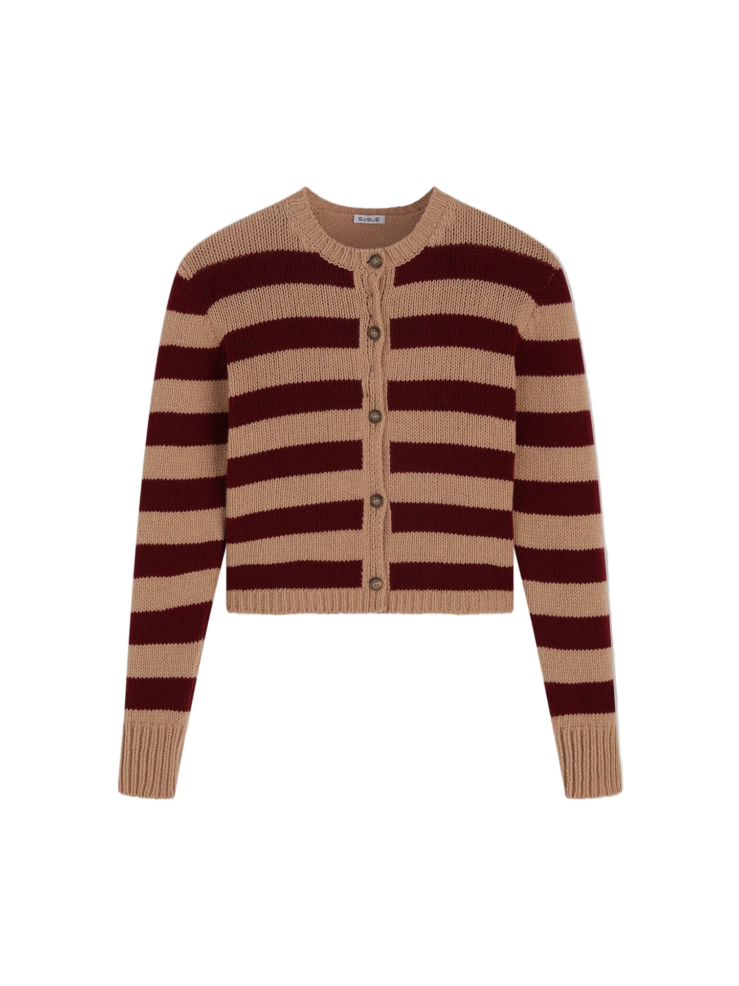Die Jacke Stripe Burgundy Stripe ist eine langärmelige, taillierte Strickjacke mit horizontalen braunen und beigen Streifen, Knöpfen vorne und gerippten Bündchen und Saum. Hergestellt in Italien aus weicher Merinowolle für Komfort.