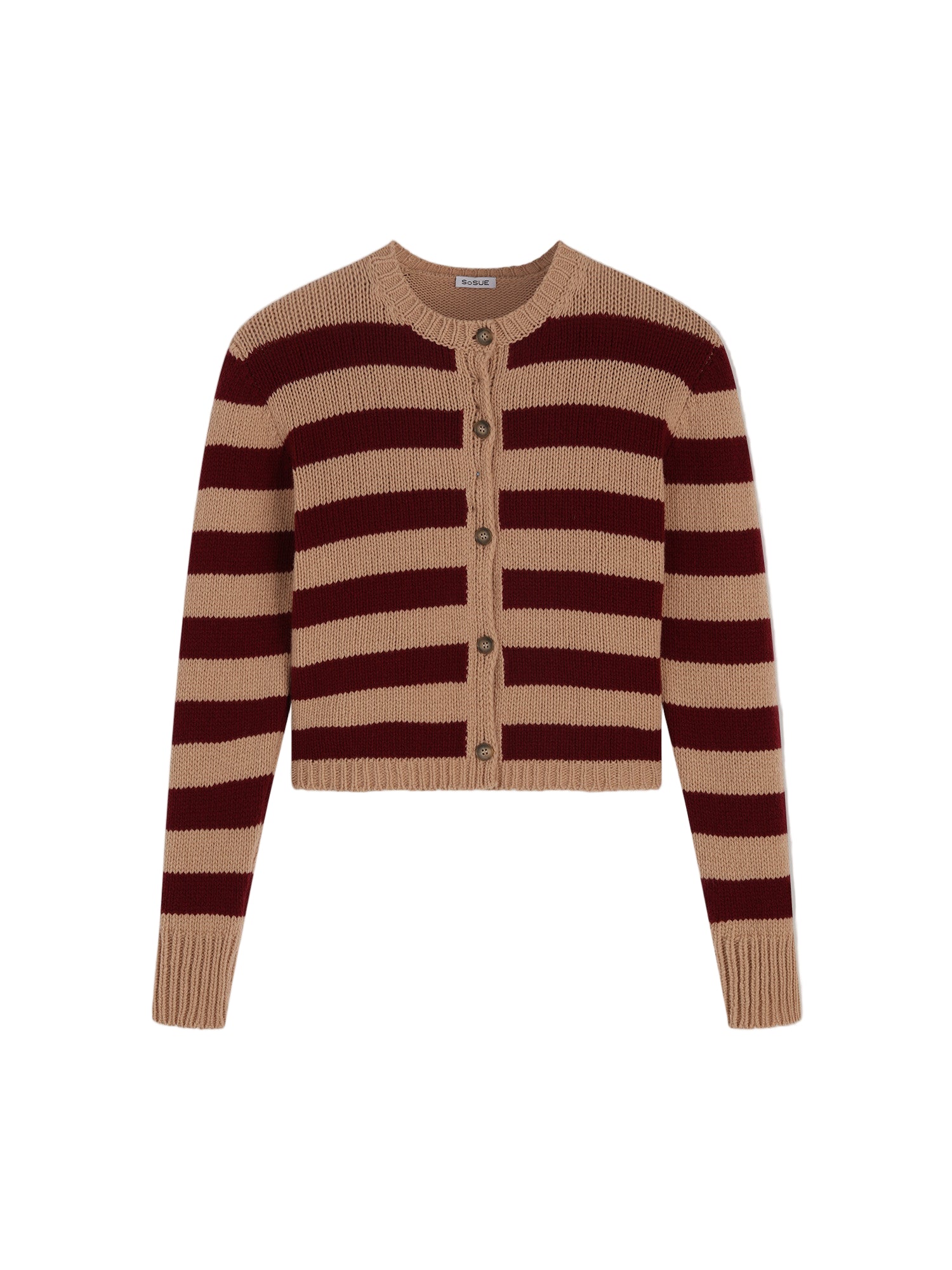 Die Jacke Stripe Burgundy Stripe ist eine langärmelige, taillierte Strickjacke mit horizontalen braunen und beigen Streifen, Knöpfen vorne und gerippten Bündchen und Saum. Hergestellt in Italien aus weicher Merinowolle für Komfort.