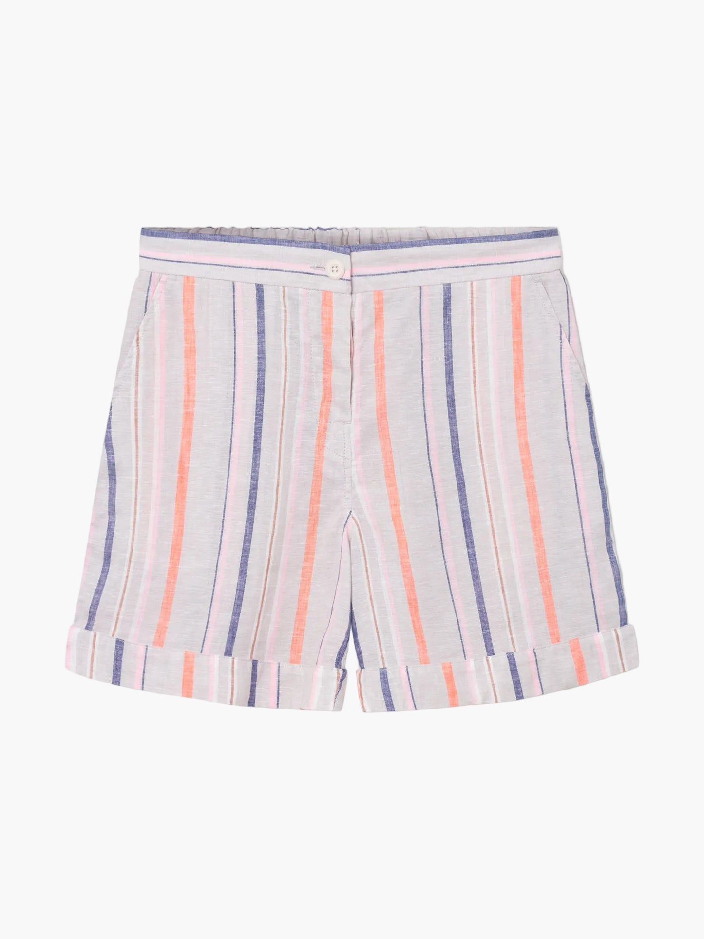 Die Shorts Linen Stripes Blue Orange sind hellgrau mit vertikalen blauen und orangefarbenen Streifen, gekrempelten Manschetten, Seitentaschen, einem Knopf vorne und einem elastischen Bund hinten für zusätzlichen Komfort.