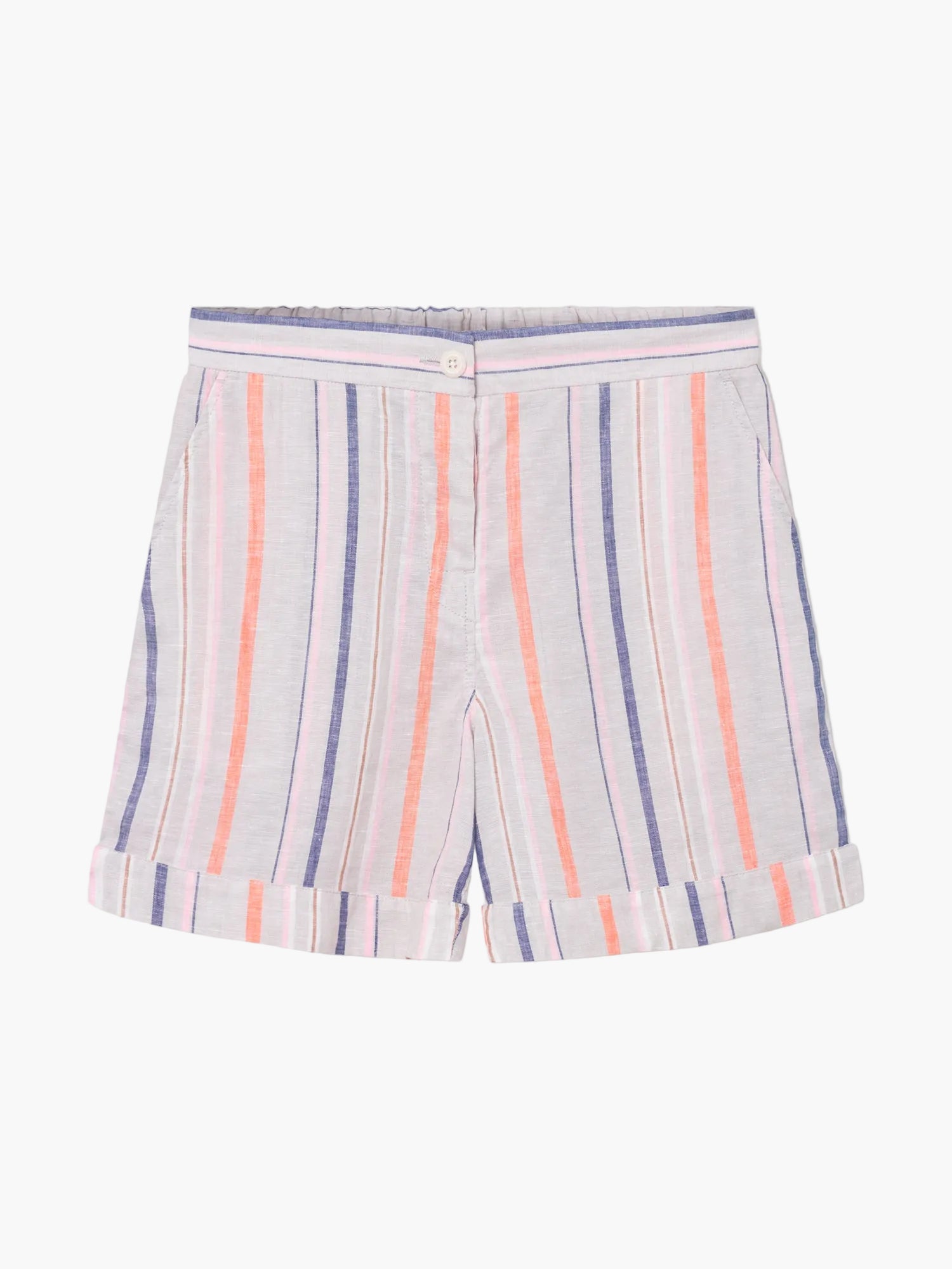 Die Shorts Linen Stripes Blue Orange sind hellgrau mit vertikalen blauen und orangefarbenen Streifen, gekrempelten Manschetten, Seitentaschen, einem Knopf vorne und einem elastischen Bund hinten für zusätzlichen Komfort.