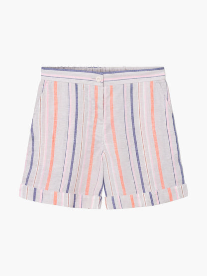 Die Shorts Linen Stripes Blue Orange sind hellgrau mit vertikalen blauen und orangefarbenen Streifen, gekrempelten Manschetten, Seitentaschen, einem Knopf vorne und einem elastischen Bund hinten für zusätzlichen Komfort.