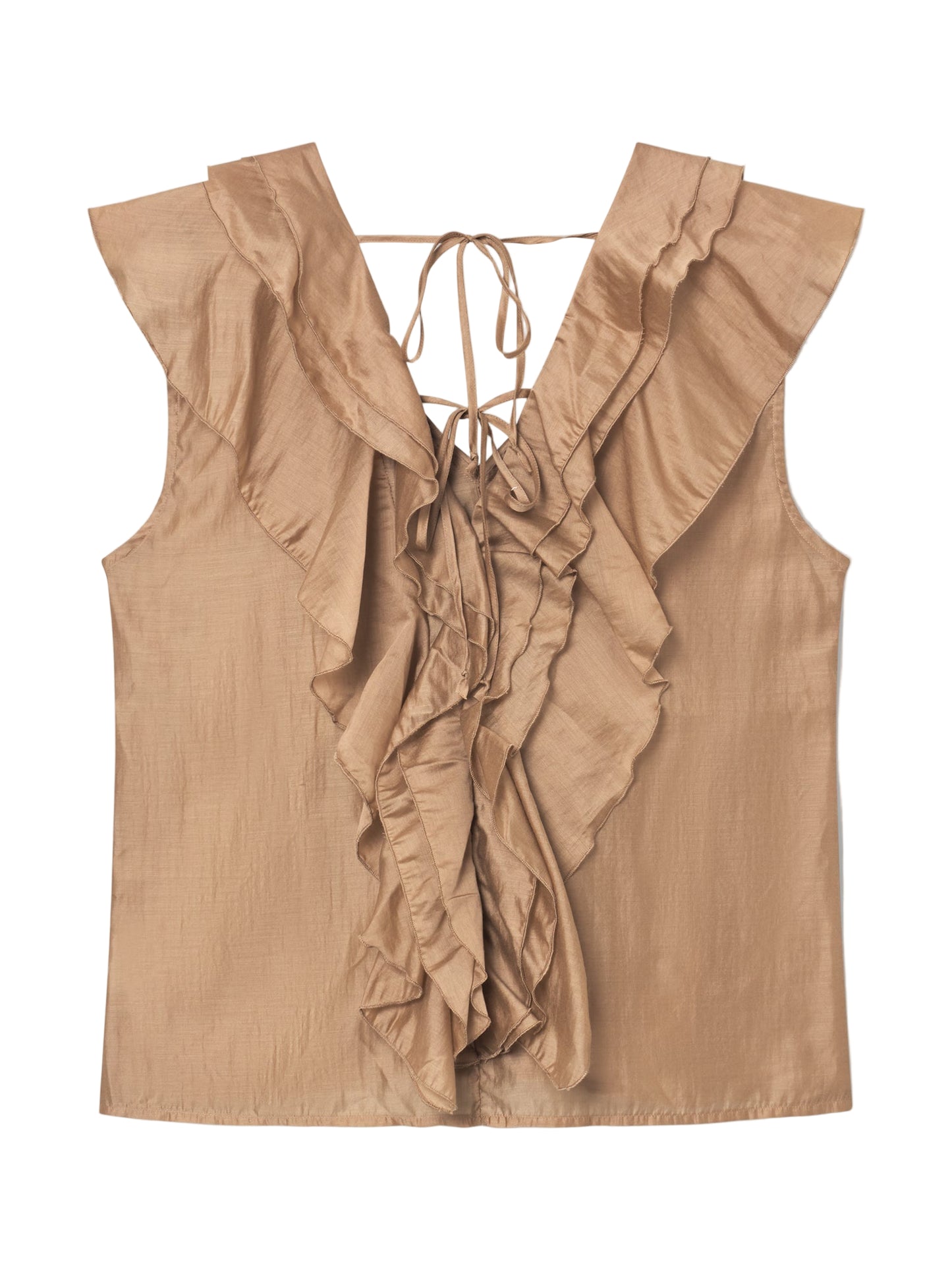 Das Top Ruffle Gold ist eine ärmellose Bluse in Hellbraun mit tiefem V-Ausschnitt, Rüschendetails vorne und hinten und zarten Nackenbändern. Der subtil glänzende Stoff bietet ein weiches, fließendes Gefühl für zusätzliche Eleganz.