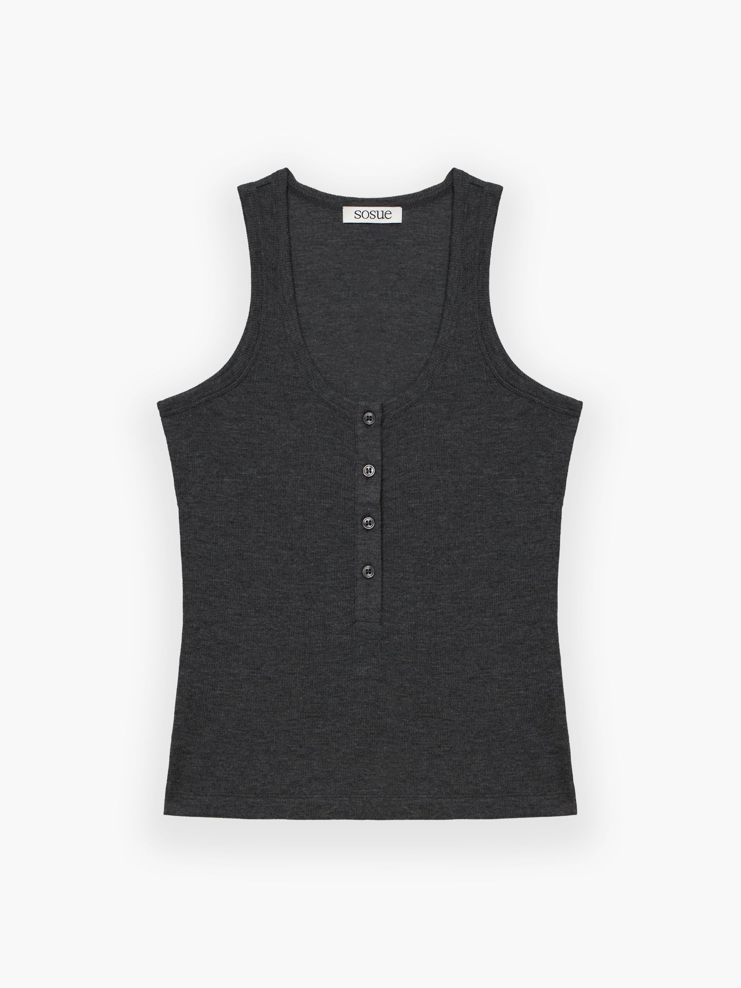 Das Tank Top Anthrazit ist ein ärmelloses, anthrazitfarbenes, geripptes Tank-Top mit Rundhalsausschnitt und Vier-Knopf-Knopfleiste, das flach auf weißem Grund abgebildet ist.