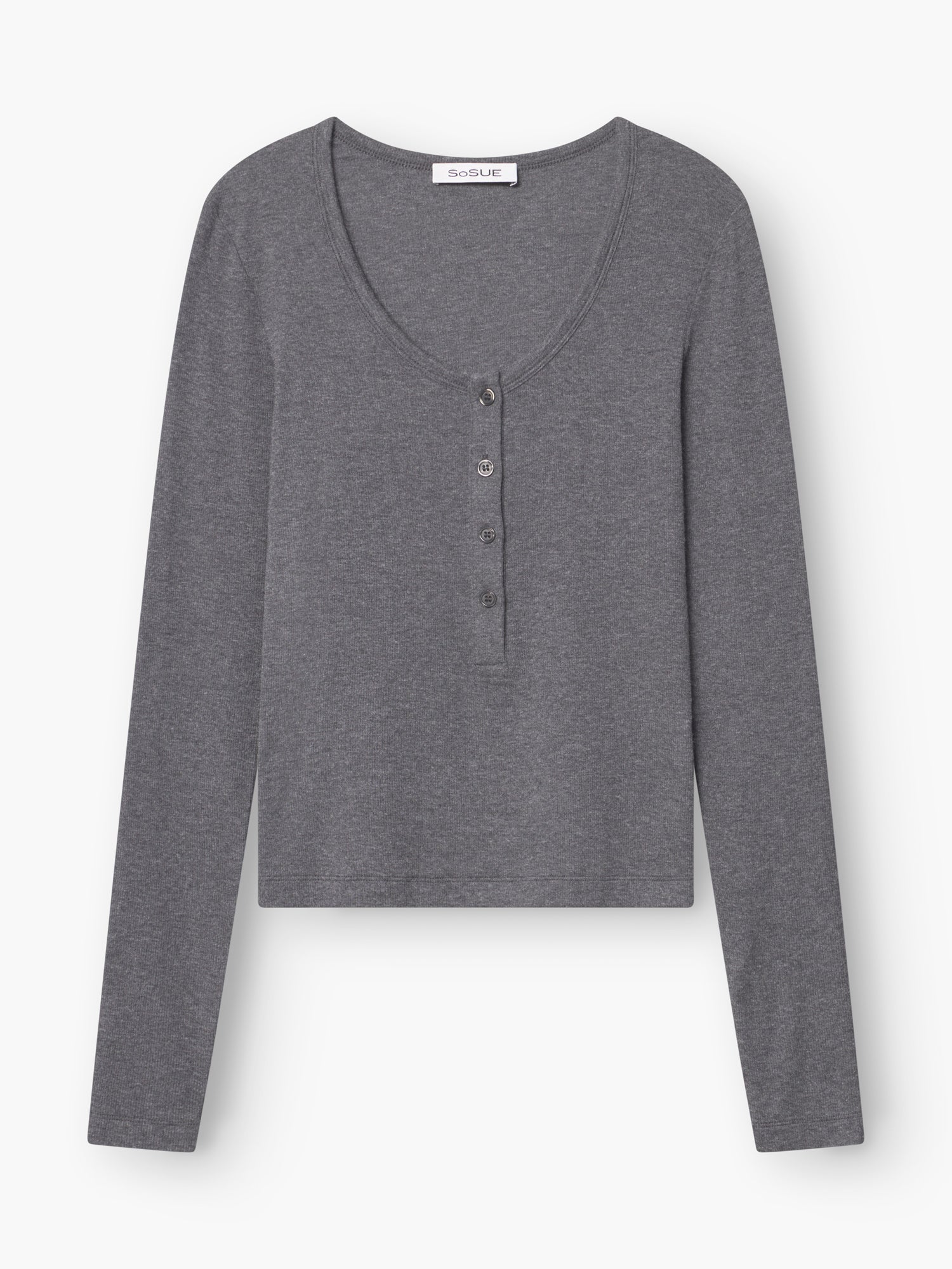 Langärmeliges Hemd aus Kaschmir mit Knopfleiste in Anthrazit mit Rundhalsausschnitt und vier Knöpfen auf der Vorderseite, abgebildet auf einem weißen Hintergrund.