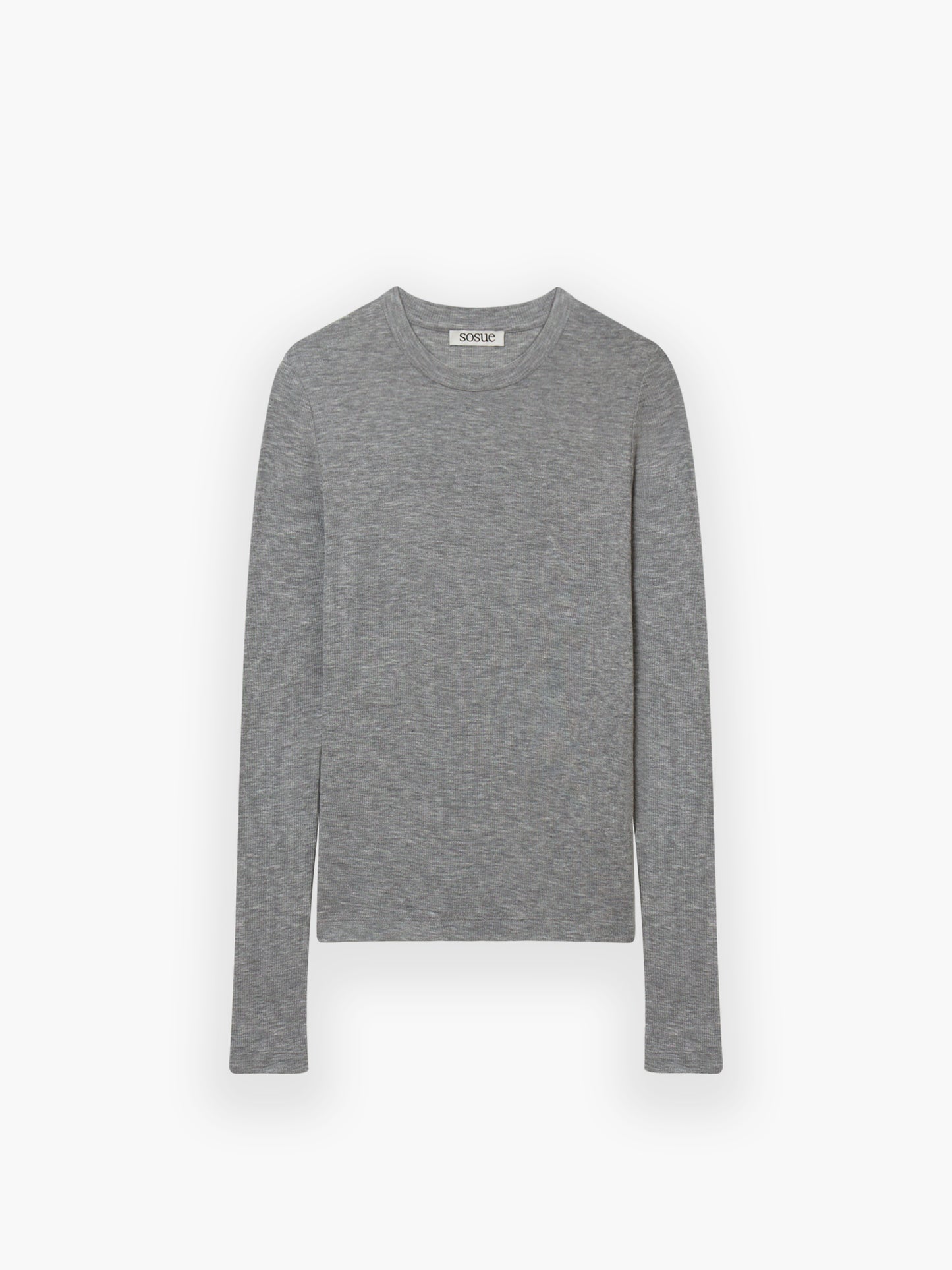 Ein Kaschmir-Langarmhemd in Hellgrau mit langen Ärmeln liegt flach auf einem weißen Hintergrund.