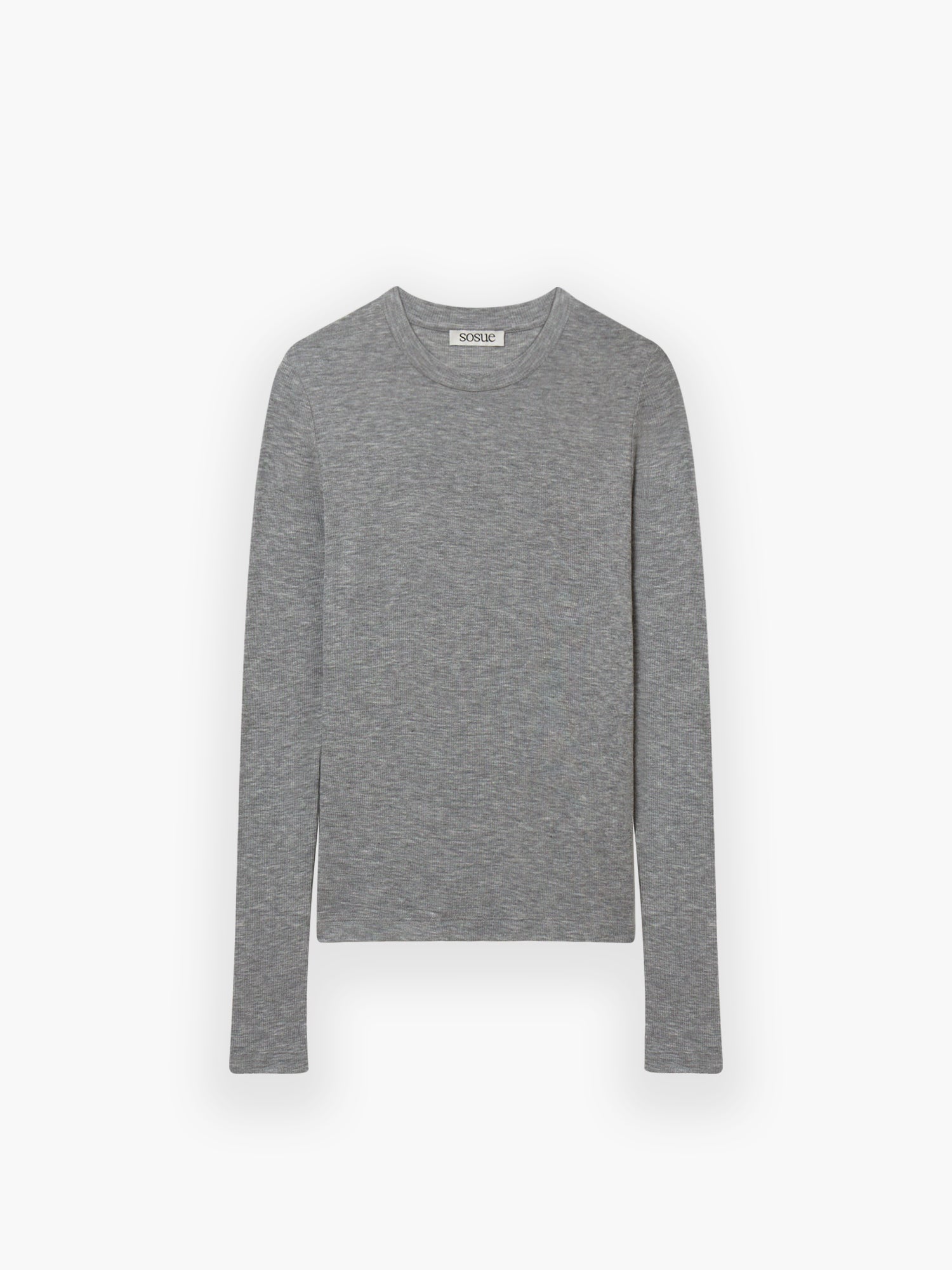 Ein Kaschmir-Langarmhemd in Hellgrau mit langen Ärmeln liegt flach auf einem weißen Hintergrund.