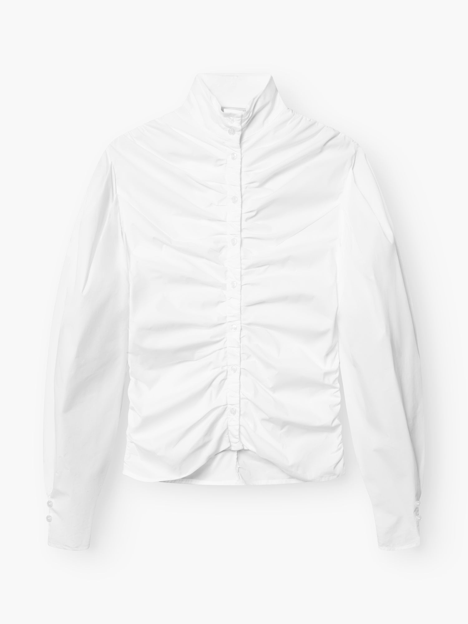Die Bluse Virginy white ist eine langärmlige weiße Bluse mit Stehkragen, Knopfleiste und eleganten Rüschen in der Mitte - die ideale elegante Damenbluse für jeden Anlass.