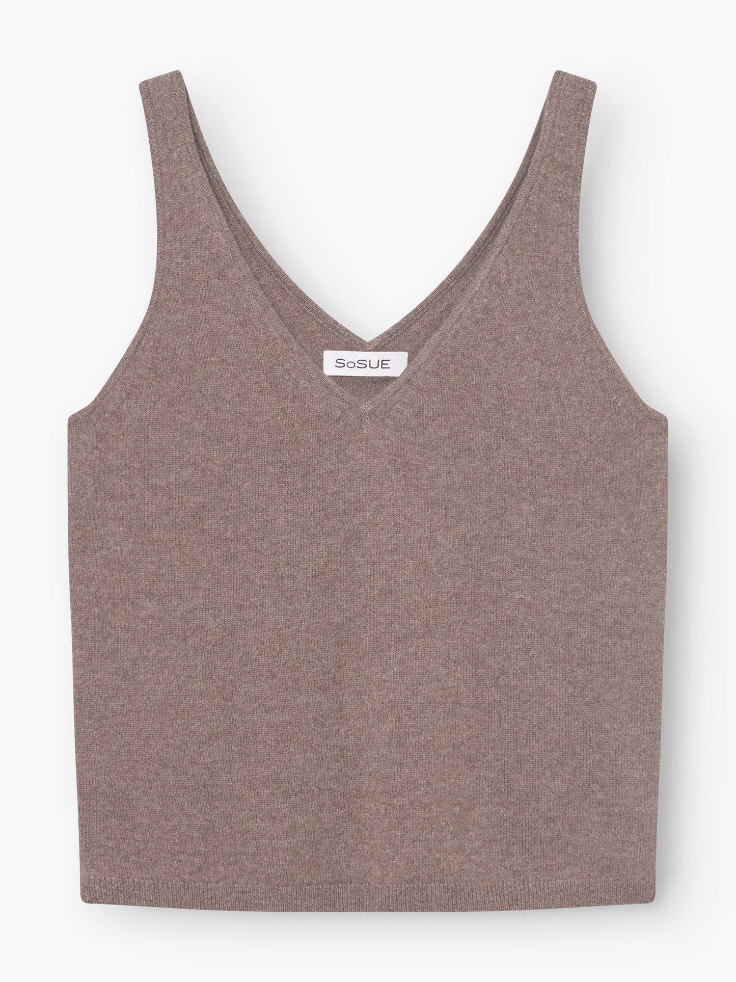 Ärmelloses Tanktop Cashmere Azteco mit V-Ausschnitt in Taupe für Damen mit einem kleinen weißen SoSUE-Etikett, das in den Halsausschnitt eingenäht ist.