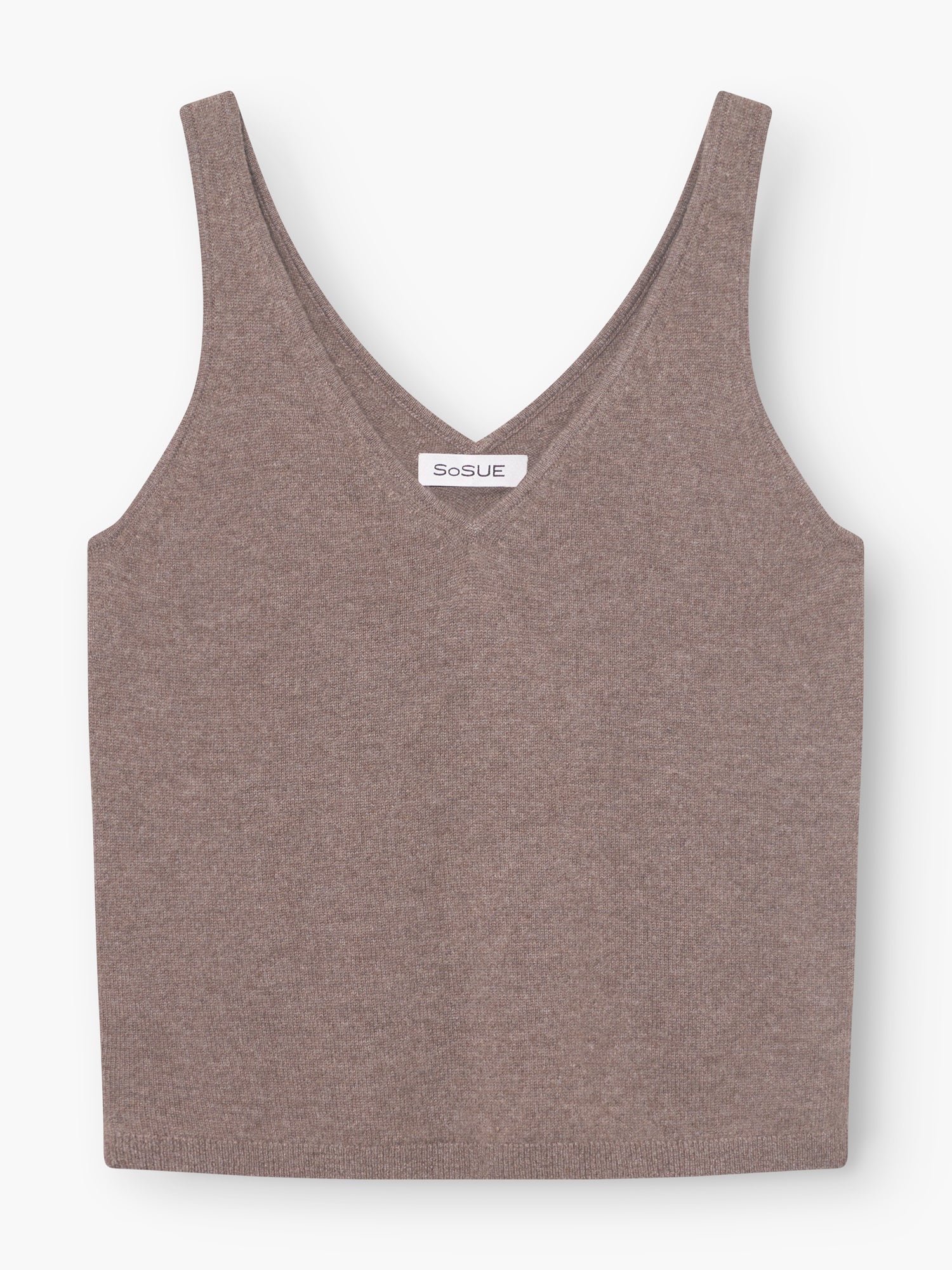 Ärmelloses Tanktop Cashmere Azteco mit V-Ausschnitt in Taupe für Damen mit einem kleinen weißen SoSUE-Etikett, das in den Halsausschnitt eingenäht ist.