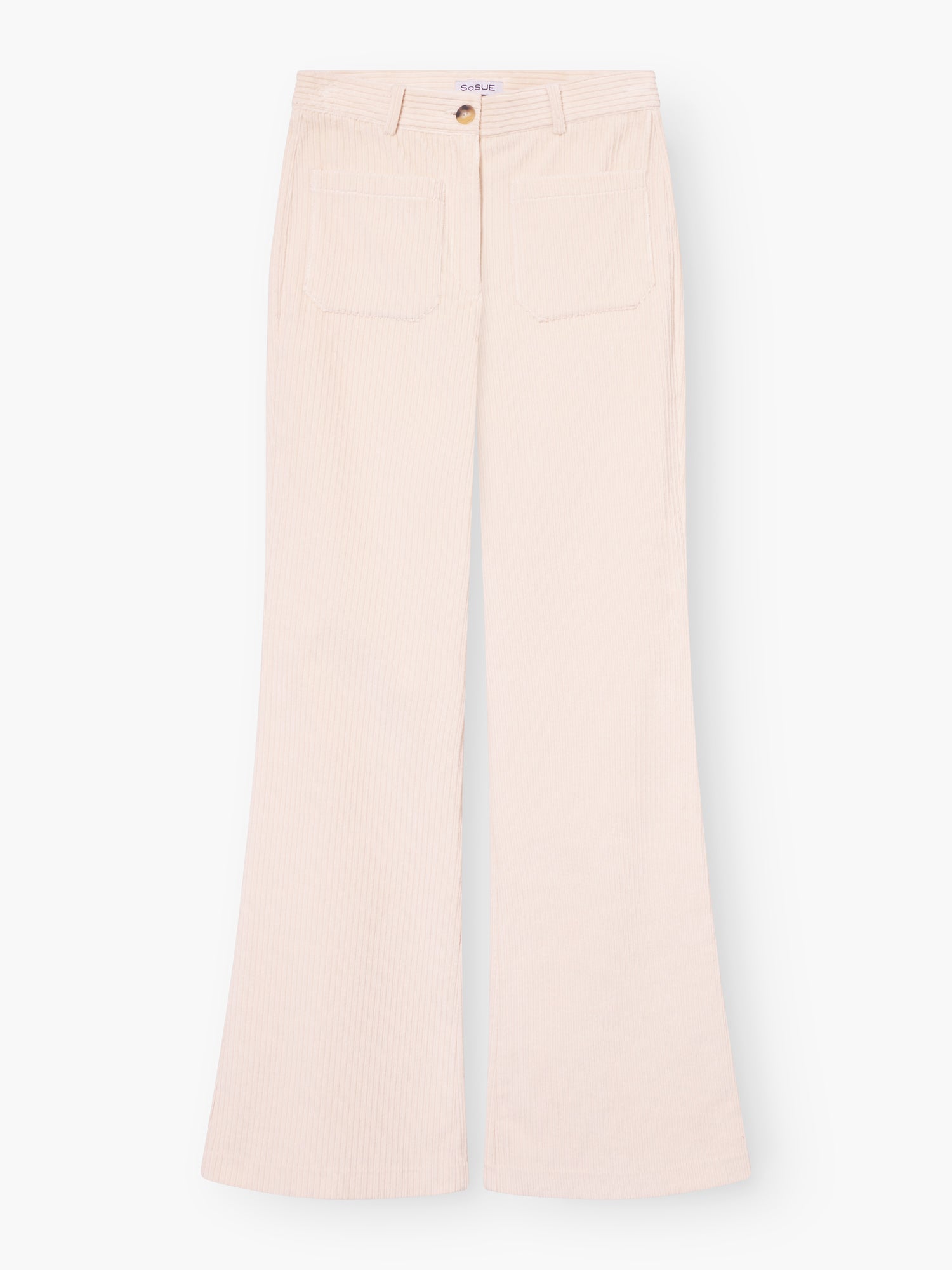 Die cremeweiße Hose Corduroy 70s OFW ist eine High-Waist-Schlaghose aus Feincord mit Front-Pattentaschen und ausgestelltem Bein, präsentiert vor weißem Hintergrund.