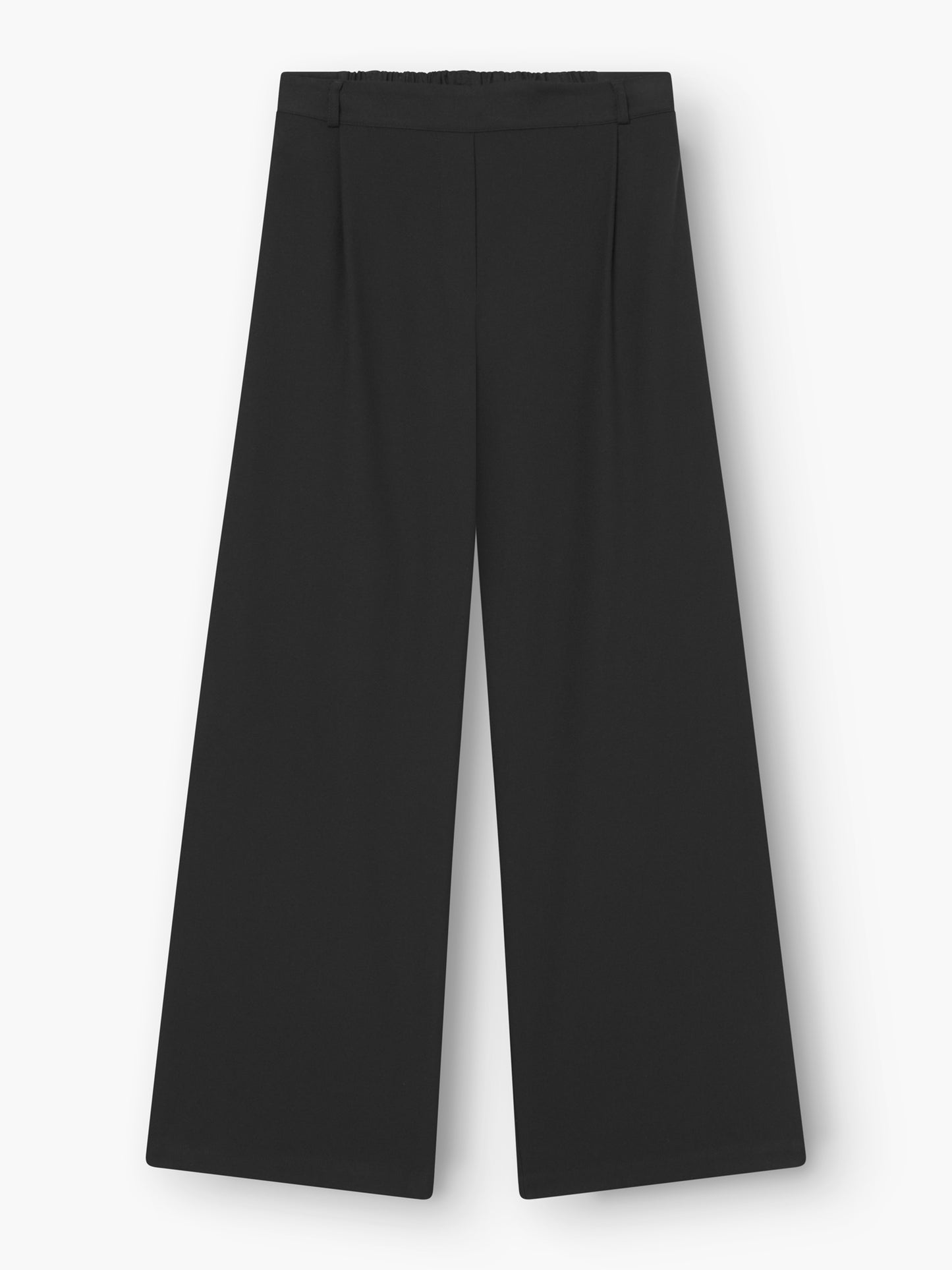 Die Pants Boyfriend black ist eine elegante Damenhose mit weitem Bein und hoher Taille mit minimalen Details, die flach auf weißem Hintergrund abgebildet ist.