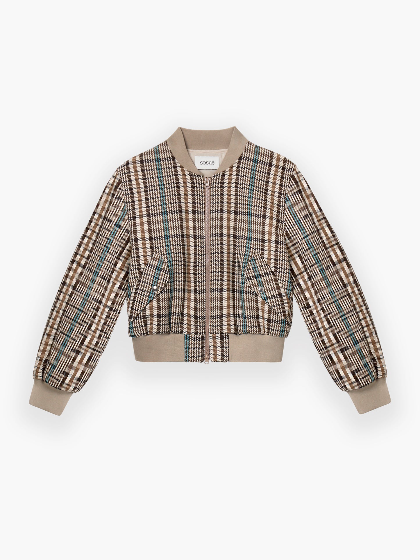 Die Jacket Bomber Check ist eine taillierte Bomberjacke mit beige-braun-blauem Karomuster, beigefarbenen Rippbündchen an Ärmeln, Kragen und Saum, Vordertaschen und einem Reißverschluss vorne.