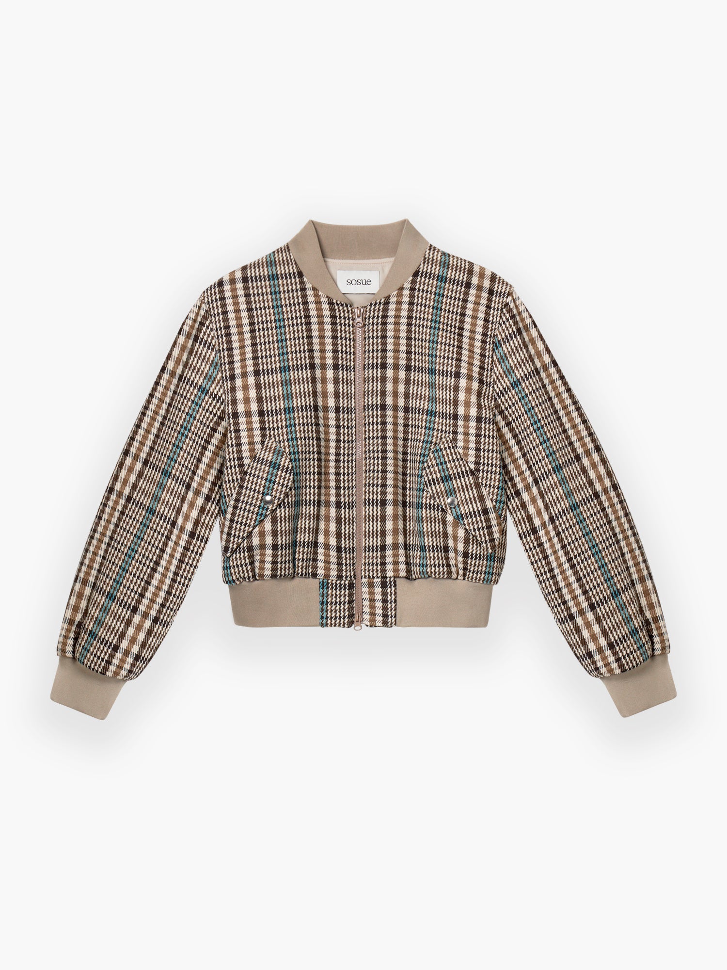 Die Jacket Bomber Check ist eine taillierte Bomberjacke mit beige-braun-blauem Karomuster, beigefarbenen Rippbündchen an Ärmeln, Kragen und Saum, Vordertaschen und einem Reißverschluss vorne.