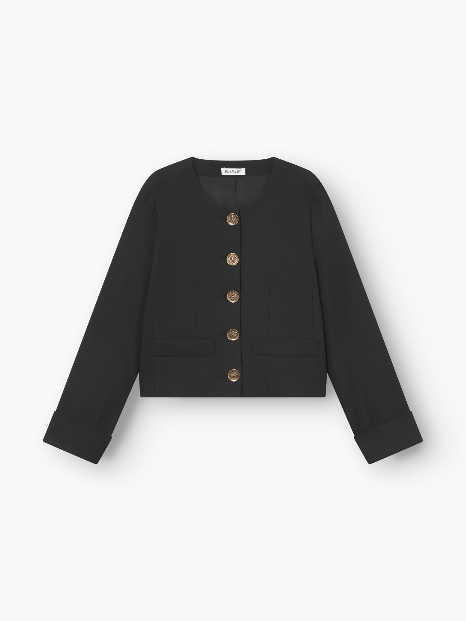 Die "Jacket Yves black" ist ein schwarzer, langärmeliger Blazer ohne Kragen mit goldenen Knöpfen, zwei Fronttaschen und umgeschlagenen Manschetten - elegant auf weißem Hintergrund präsentiert.