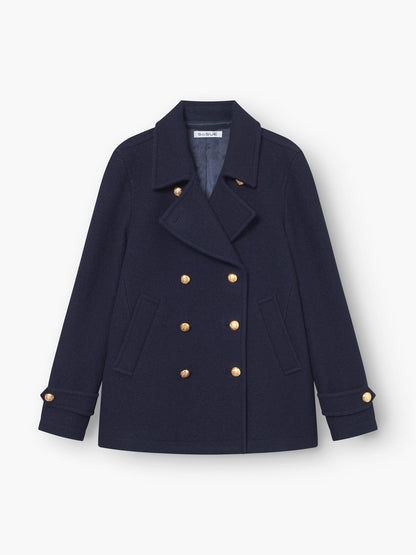 Jacke Caban Navy Gold: Zweireihige marineblaue Jacke im klassischen Marinestil mit goldenen Knöpfen, gekerbtem Kragen, zwei Seitentaschen und geknöpften Manschetten, abgebildet auf einem schlichten weißen Hintergrund.