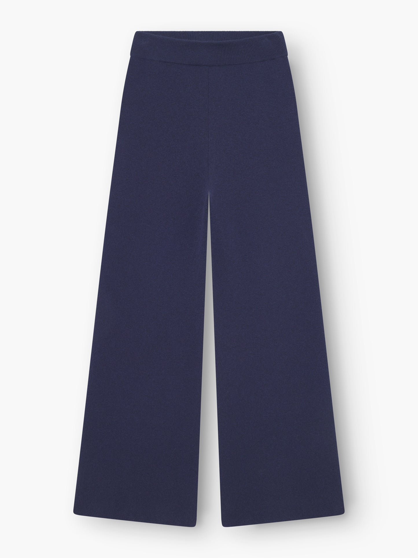 Weit geschnittene Hose Merino Darklblue mit elastischem Bund, flach auf weißem Grund gelegt.