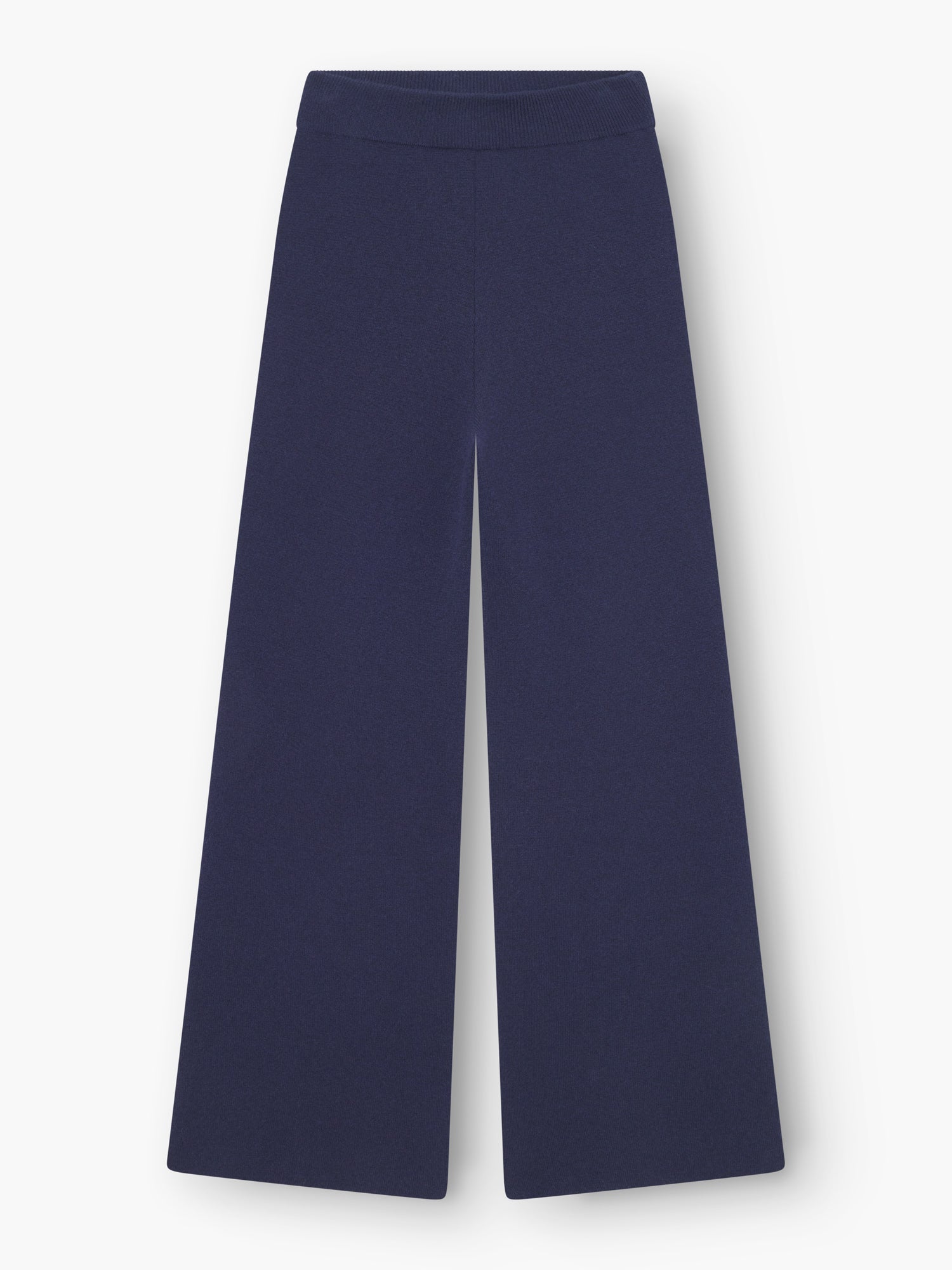 Weit geschnittene Hose Merino Darklblue mit elastischem Bund, flach auf weißem Grund gelegt.
