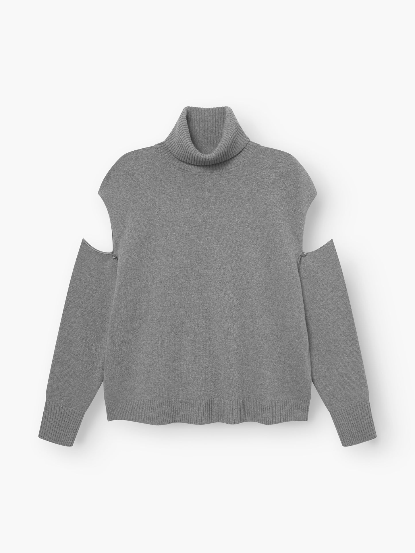 Der Pullover Carry Grey ist ein grauer Damenpullover mit Rollkragen, langen Ärmeln und stilvollen Schulterausschnitten. Er ist aus weicher 100%iger Wolle gefertigt und verfügt über gerippte Bündchen, Saum und Hals für ein raffiniertes Finish.