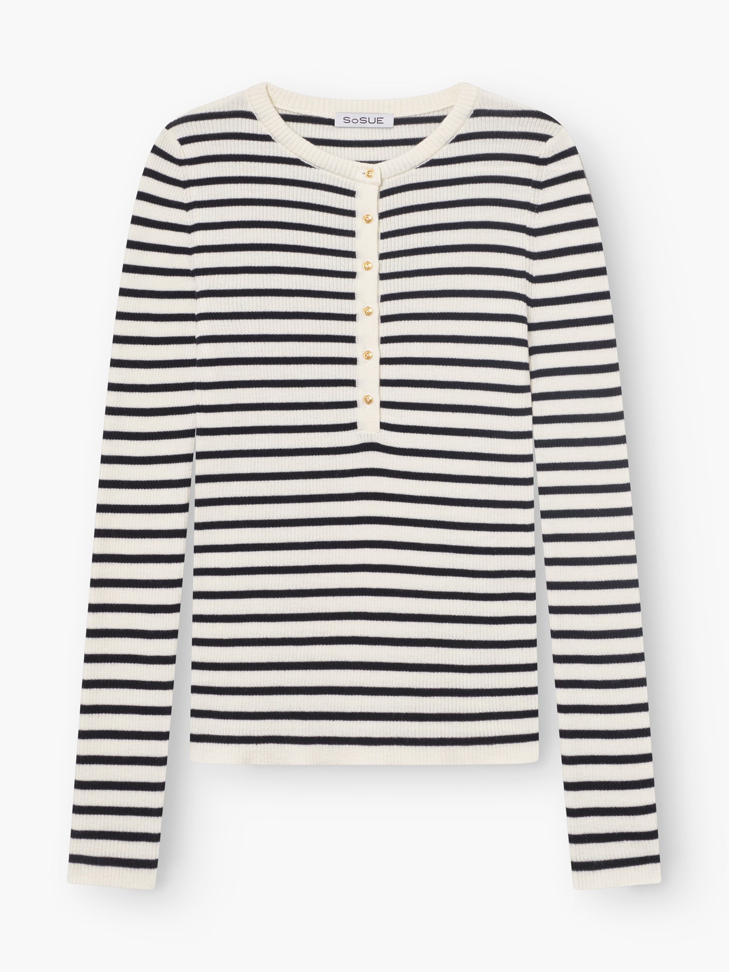 Das Long Sleeve Strick Dark Blue Stripe: langärmlig, mit dunkelblauen und weißen Streifen, rundem Ausschnitt und goldenen Knöpfen an der Knopfleiste.