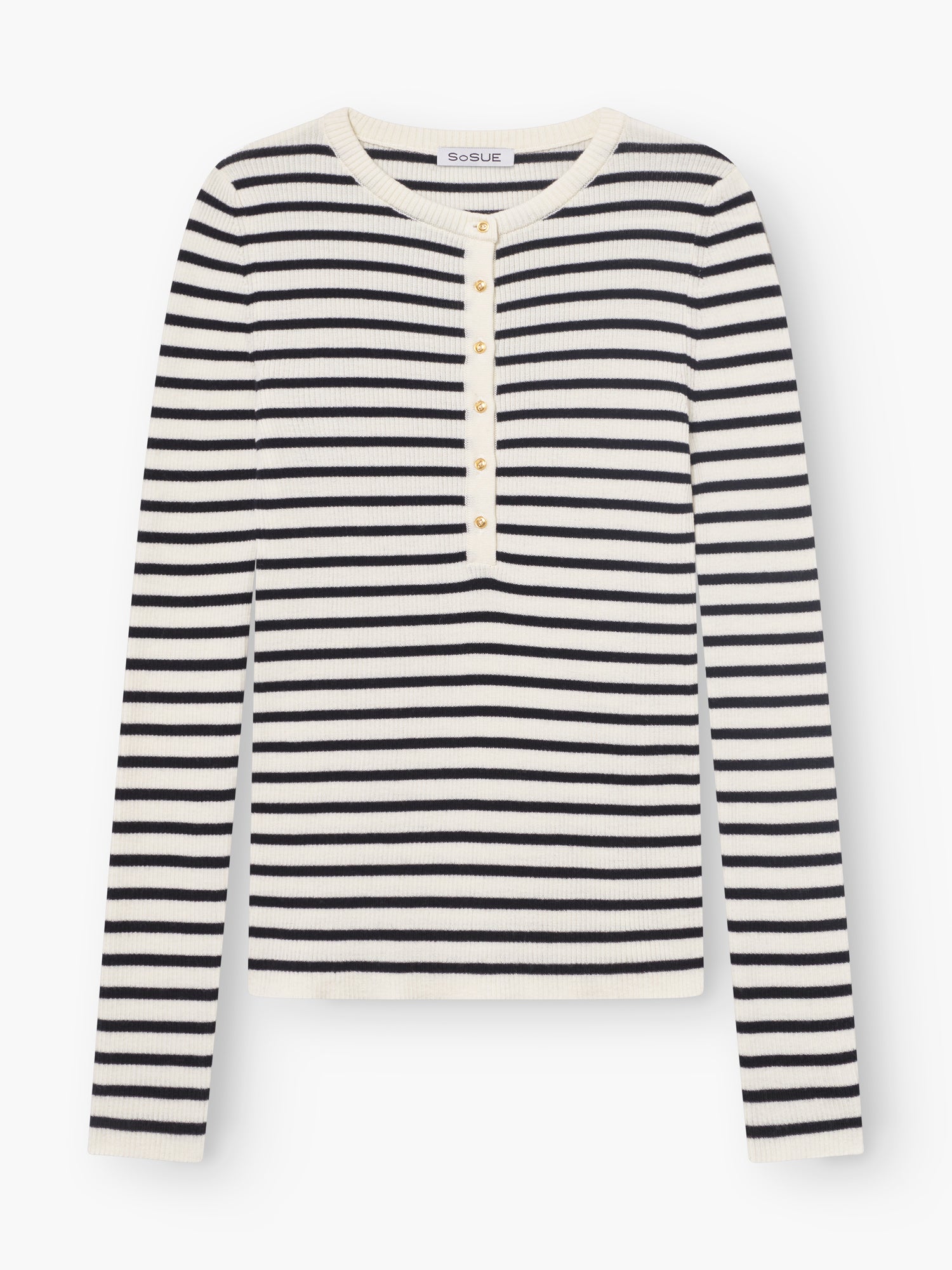 Das Long Sleeve Strick Dark Blue Stripe: langärmlig, mit dunkelblauen und weißen Streifen, rundem Ausschnitt und goldenen Knöpfen an der Knopfleiste.