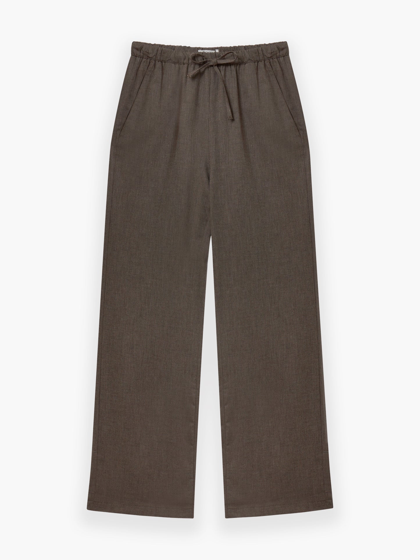 Hose Flanell Taupe mit weitem Bein, elastischem Bund mit Kordelzug und Seitentaschen. Der subtil strukturierte Stoff ist flach auf weißem Hintergrund abgebildet und bietet einen entspannten, lässigen Look.