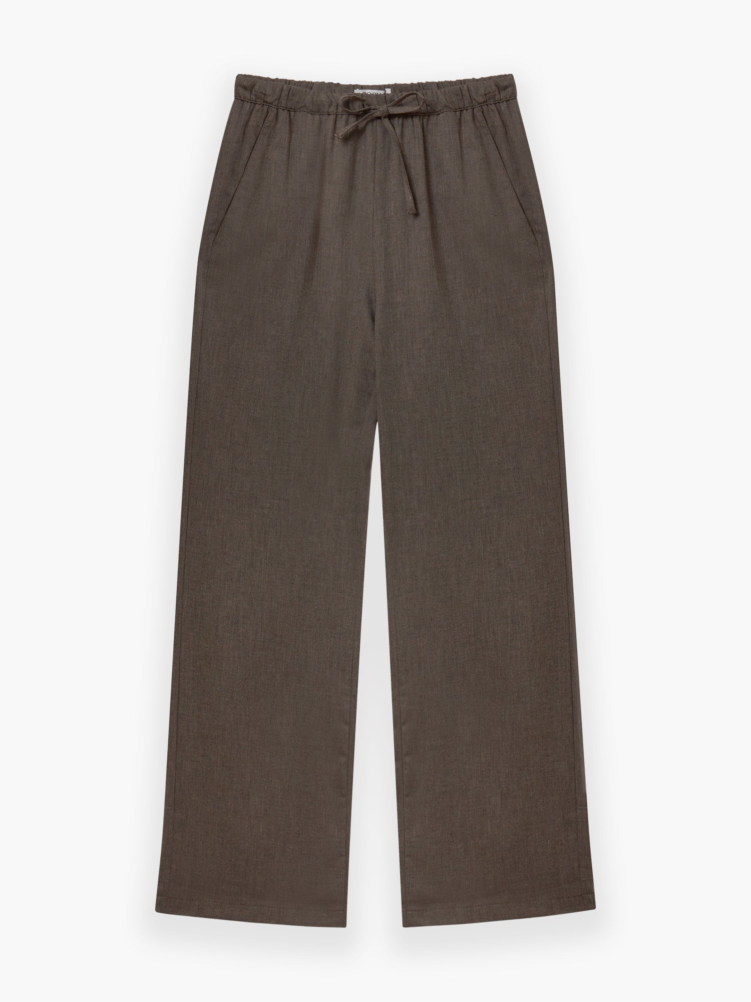 Hose Flanell Taupe mit weitem Bein, elastischem Bund mit Kordelzug und Seitentaschen. Der subtil strukturierte Stoff ist flach auf weißem Hintergrund abgebildet und bietet einen entspannten, lässigen Look.