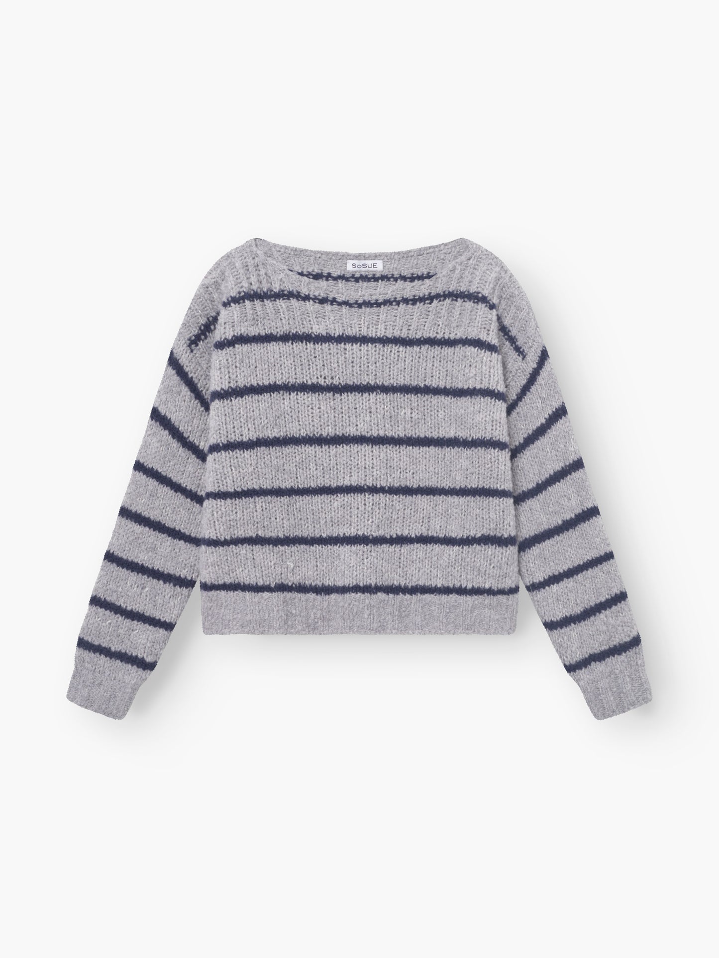 Der Pullover Petite Sailor blue stripe ist ein hellgrauer, langärmeliger Pullover für Damen mit horizontalen marineblauen Streifen und einer leicht lockeren, lässigen Passform.
