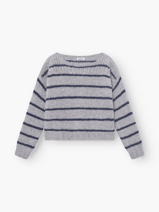 Der Pullover Petite Sailor blue stripe ist ein hellgrauer, langärmeliger Pullover für Damen mit horizontalen marineblauen Streifen und einer leicht lockeren, lässigen Passform.