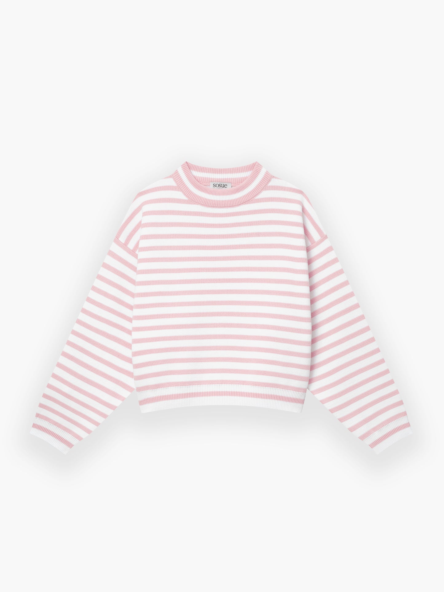 Der Pullover Sailor Rosa White ist ein langärmeliger, kurz geschnittener Pullover mit hellrosa und weißen Querstreifen, die flach auf weißem Grund liegen.