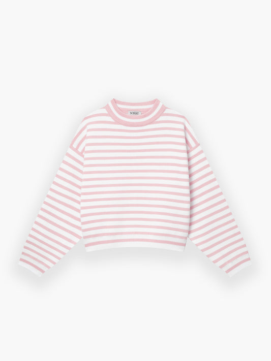 Der Pullover Sailor Rosa White ist ein langärmeliger, kurz geschnittener Pullover mit hellrosa und weißen Querstreifen, die flach auf weißem Grund liegen.