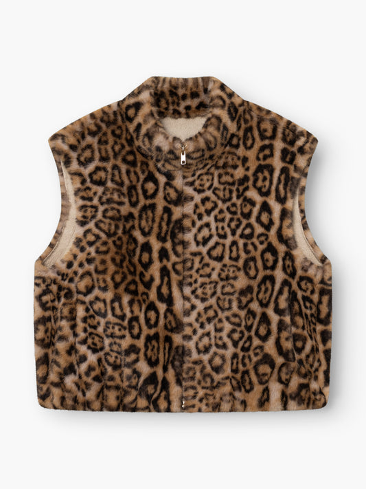 Verleihen Sie Ihrem Stil das gewisse Etwas mit der Weste „Leopard“ – einer ärmellosen Damenweste aus weichem, braun-schwarzem Kunstfell mit Leopardenmuster. Mit ihrem praktischen Reißverschluss und dem schicken hohen Kragen vereint diese Weste wilde Eleganz mit kuscheligem Komfort – perfekt für jeden Anlass.