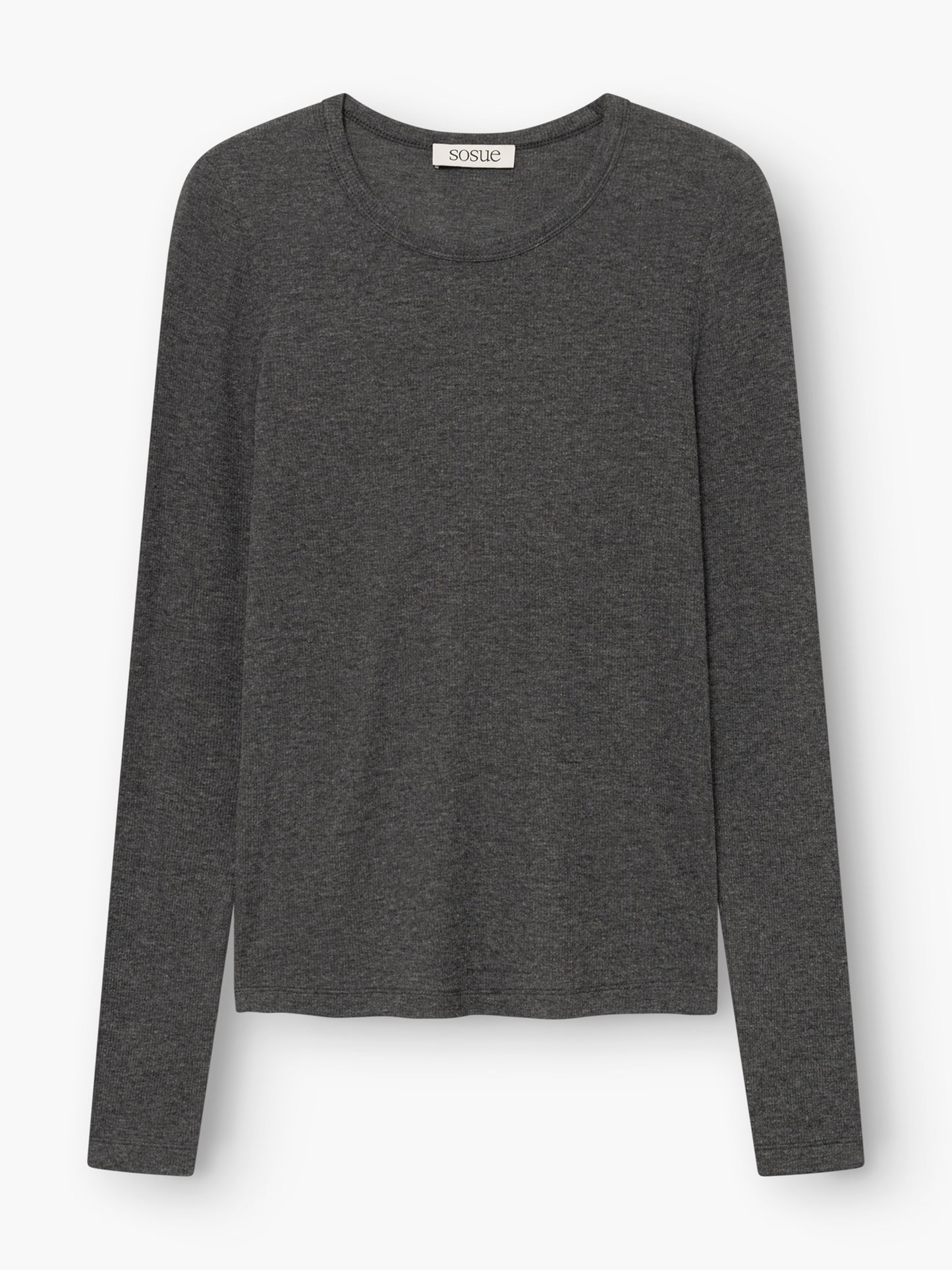 Ein dunkelgraues „Cashmere Long Sleeve Rib“-Shirt mit schlichtem Design, langen Ärmeln und rundem Ausschnitt liegt flach auf einem weißen Hintergrund.