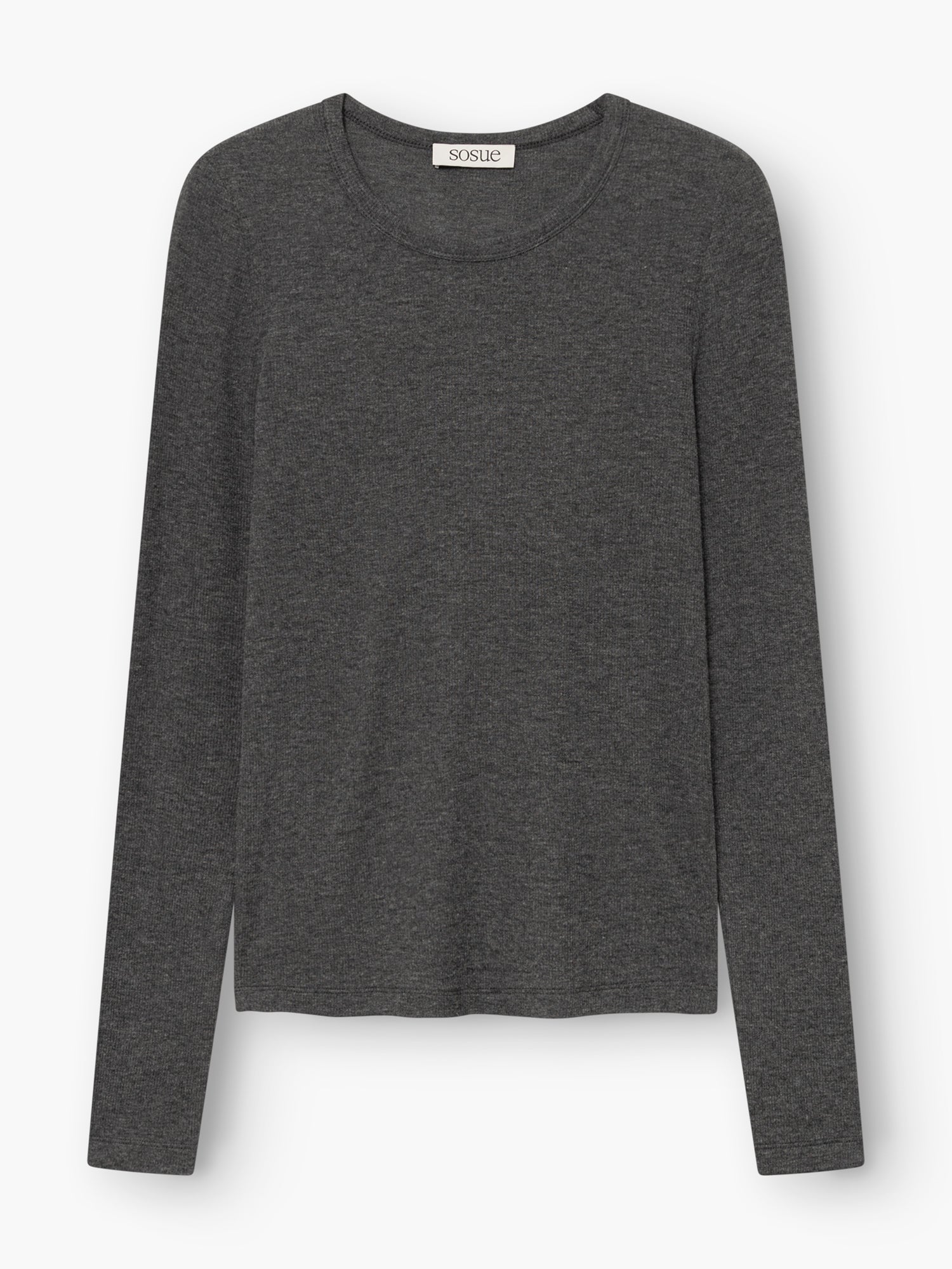 Ein dunkelgraues „Cashmere Long Sleeve Rib“-Shirt mit schlichtem Design, langen Ärmeln und rundem Ausschnitt liegt flach auf einem weißen Hintergrund.