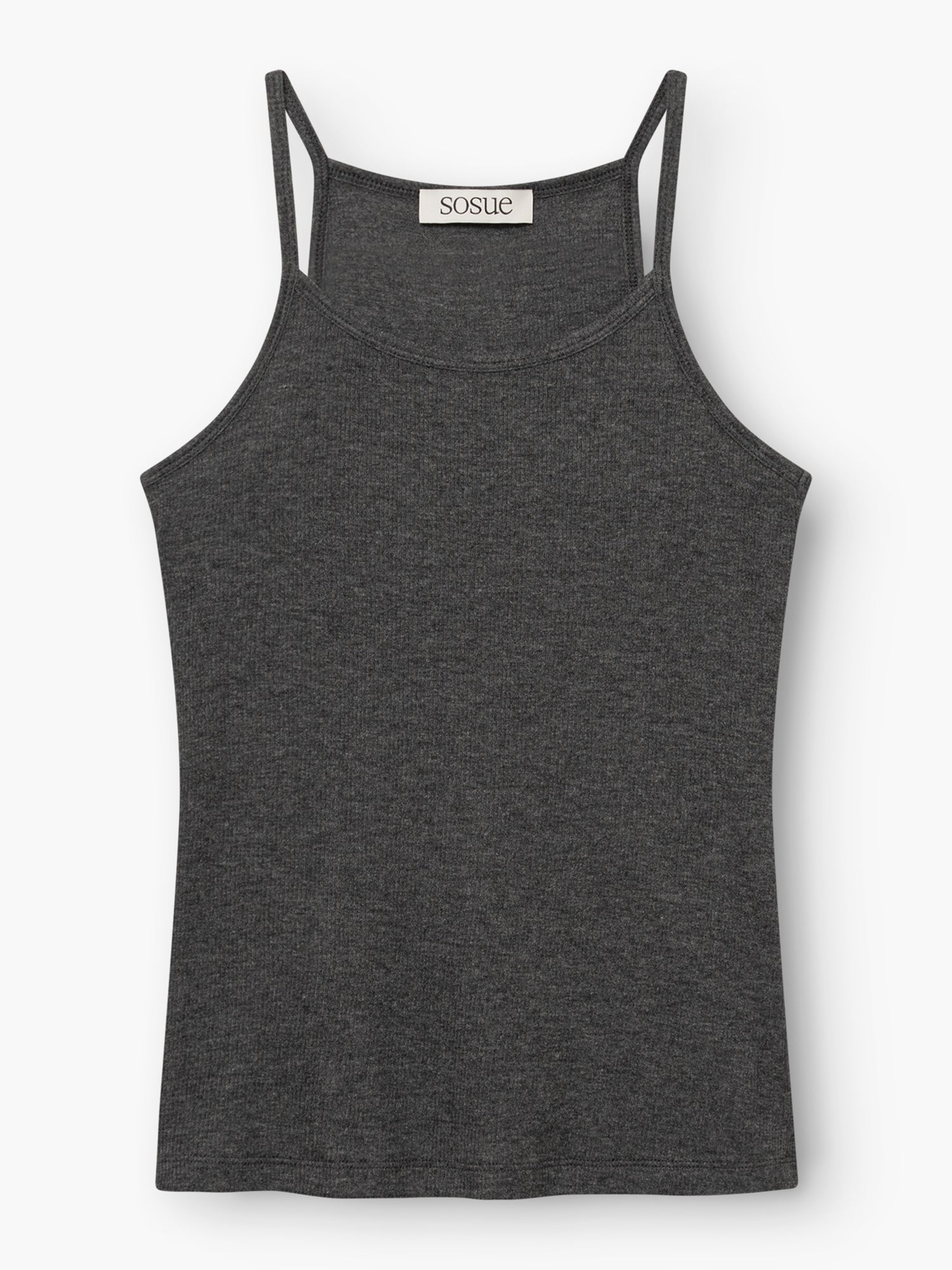 Dunkelgraues („anthrazit“) ärmelloses Top mit schmalen Trägern, flach auf weißem Hintergrund abgebildet. Auf dem Stoffetikett am Ausschnitt steht „SOSUE“. Das „Cashmere Tank Rib Anthrazit“ besticht durch seinen luxuriösen Griff und seine moderne Silhouette und eignet sich ideal zum Kombinieren oder zum alleinigen Tragen.