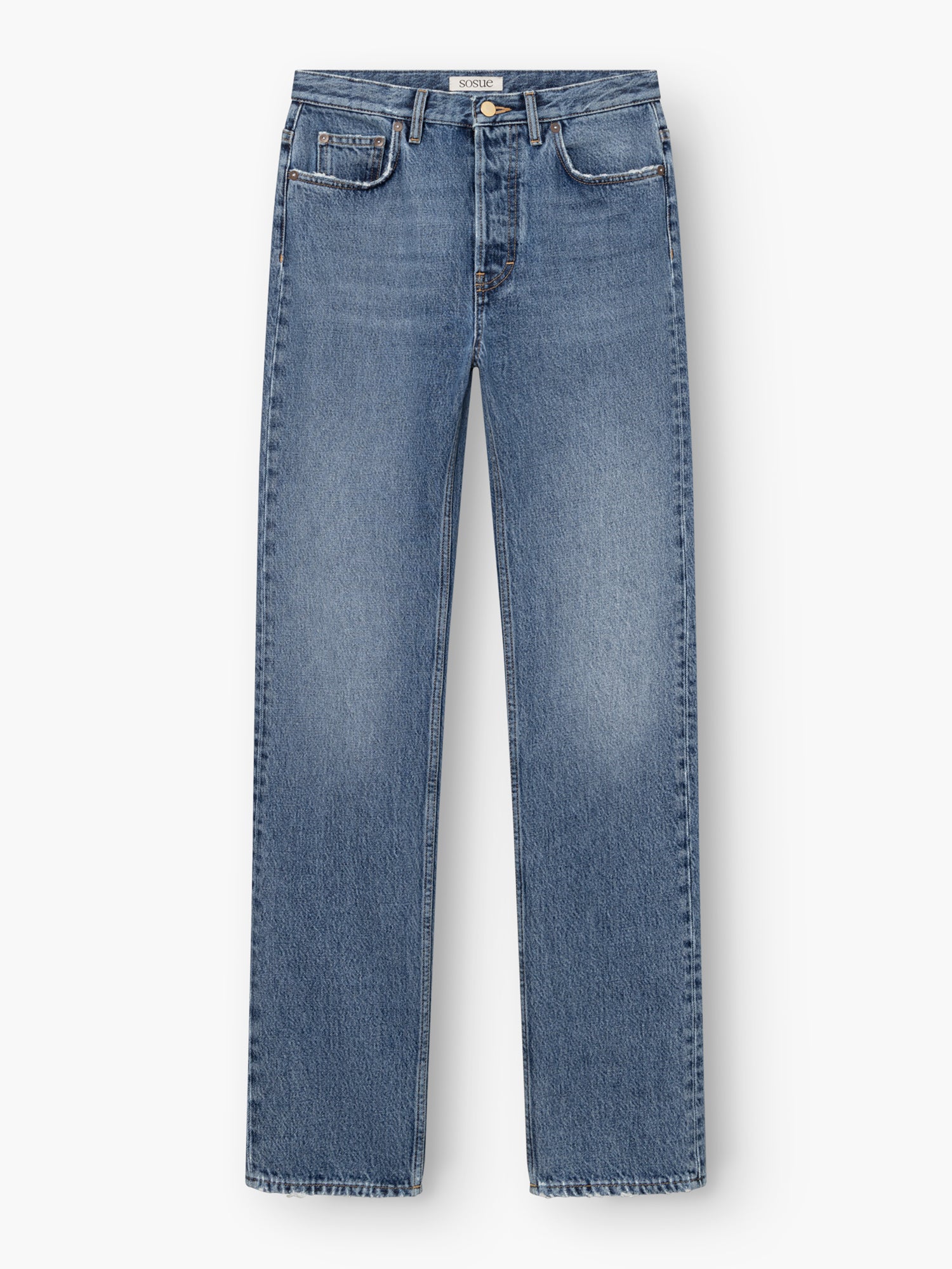 Die SIENNA Jeans Light Blue – Straight Leg Damenjeans aus Premium-Denim „Made in Italy“ besticht durch hochwertigen hellblauen Denim, einen geraden Schnitt, einen Knopf- und Reißverschluss, Vorder- und Gesäßtaschen sowie dezente Ausbleichungen an den Oberschenkeln. Das Modell wird flach auf einem weißen Hintergrund präsentiert.