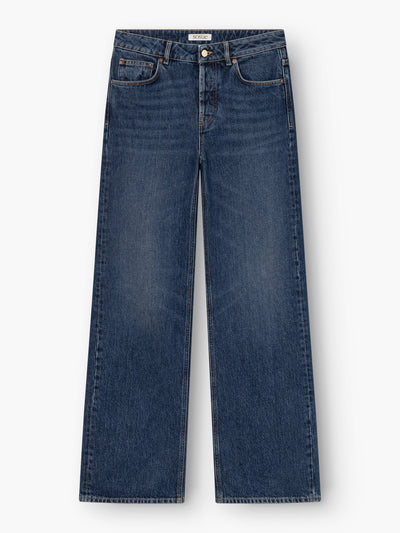 Die NOLA Jeans Dark Blue – Wide Leg Damenjeans ist eine hoch taillierte Jeans aus hochwertigem Denim mit Knopf- und Reißverschluss, Vorder- und Gesäßtaschen sowie dezenten Ausbleichungen an den Oberschenkeln.