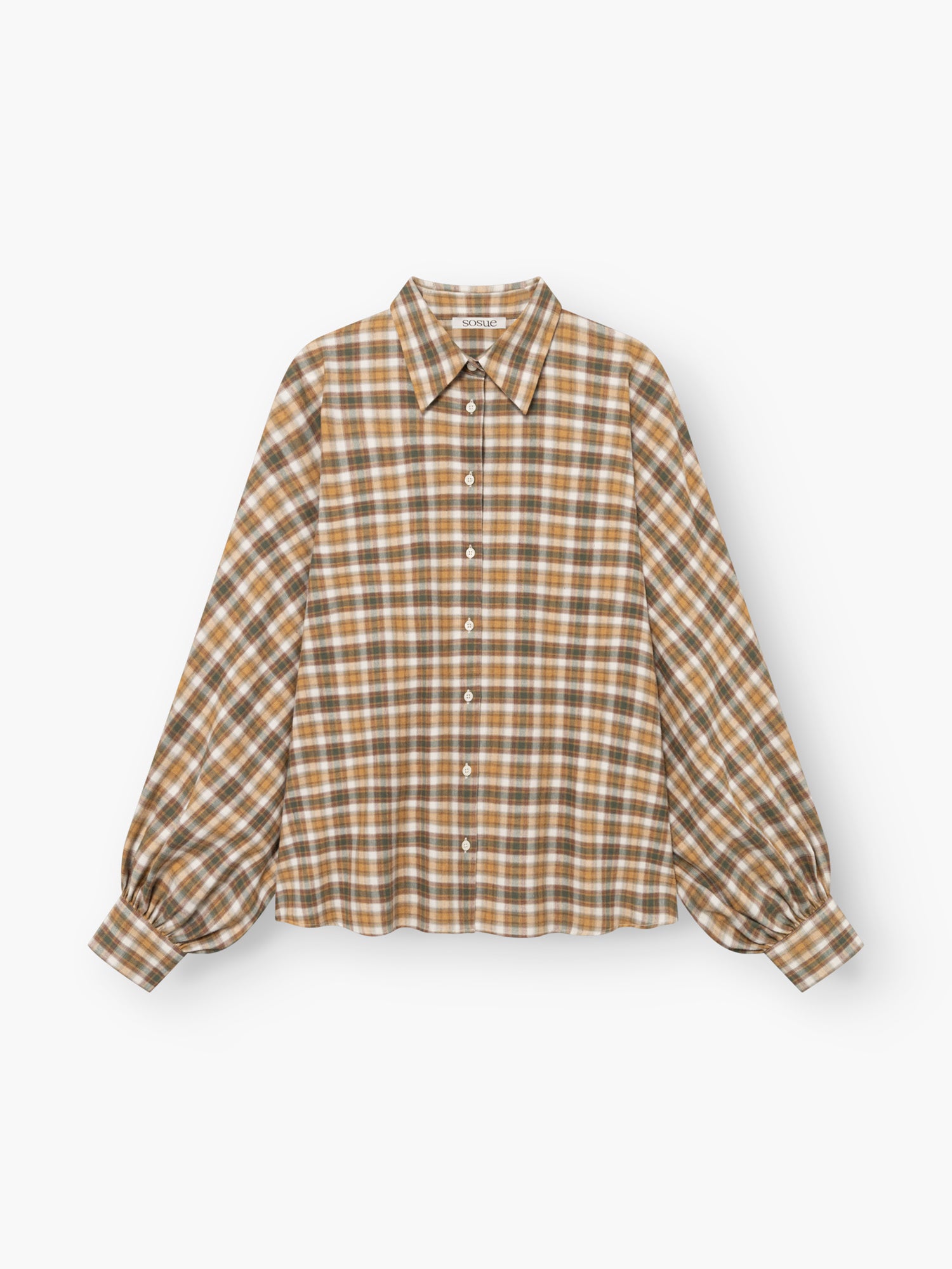 Bluse „Antonia Flanell Check“ mit braun-weißem Karomuster, langen Ärmeln, Kragen und gerafften Ärmelbündchen, flach auf einem weißen Hintergrund liegend.