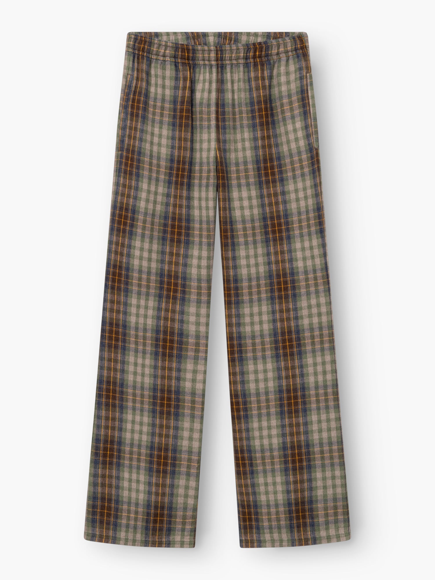 Die Hose „Karoline Check“ ist eine Hose mit geradem Bein und elastischem Bund, die sich durch ein Karomuster in Grün-, Blau- und Brauntönen auszeichnet. Das weiche Material sorgt für Tragekomfort, sodass sie sich ideal für den Freizeitlook eignet.