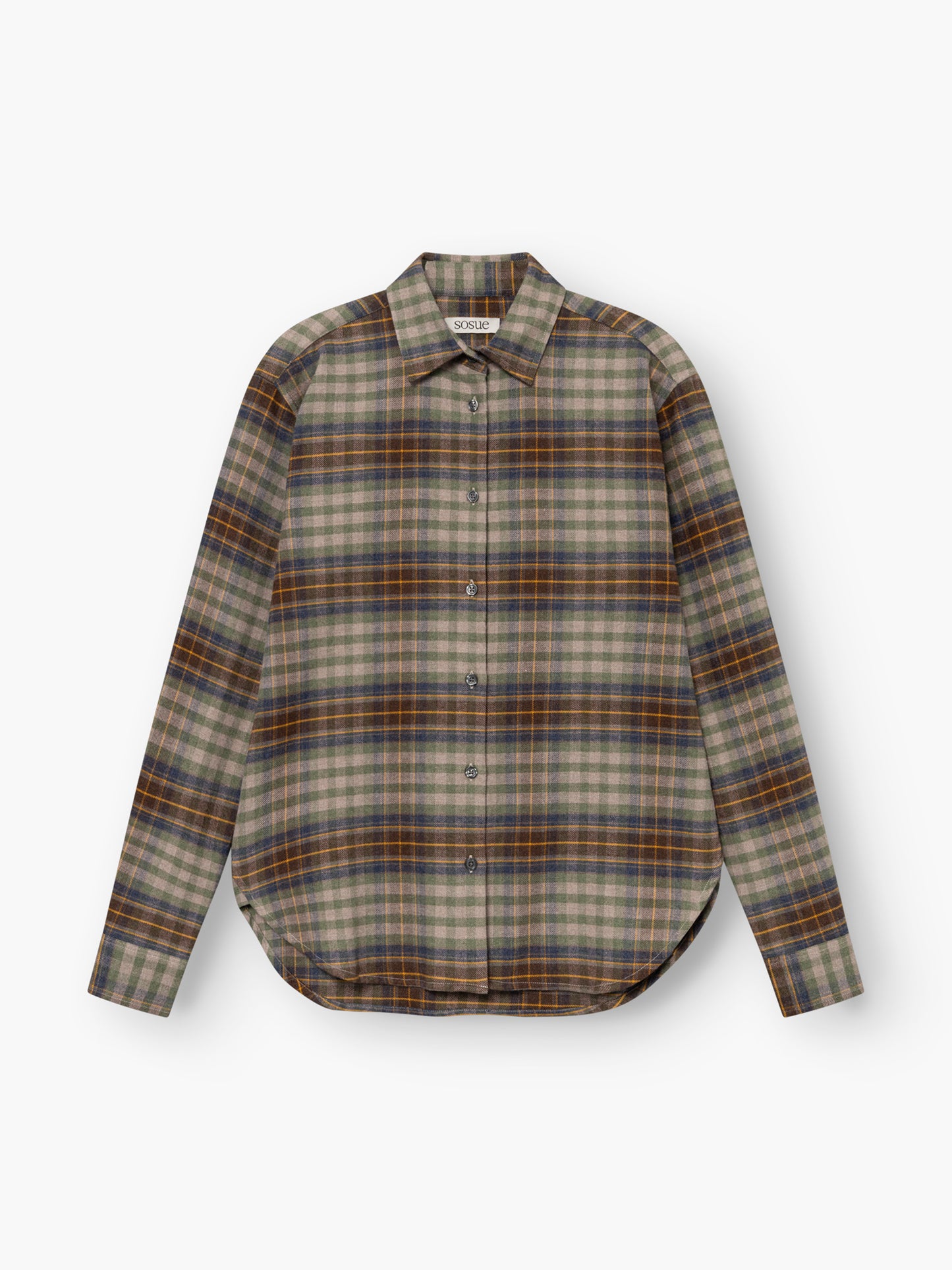 Bluse „Karoline Check“, eine langärmelige Knopfbluse mit Karomuster in Braun-, Grau- und Grüntönen auf weißem Hintergrund.