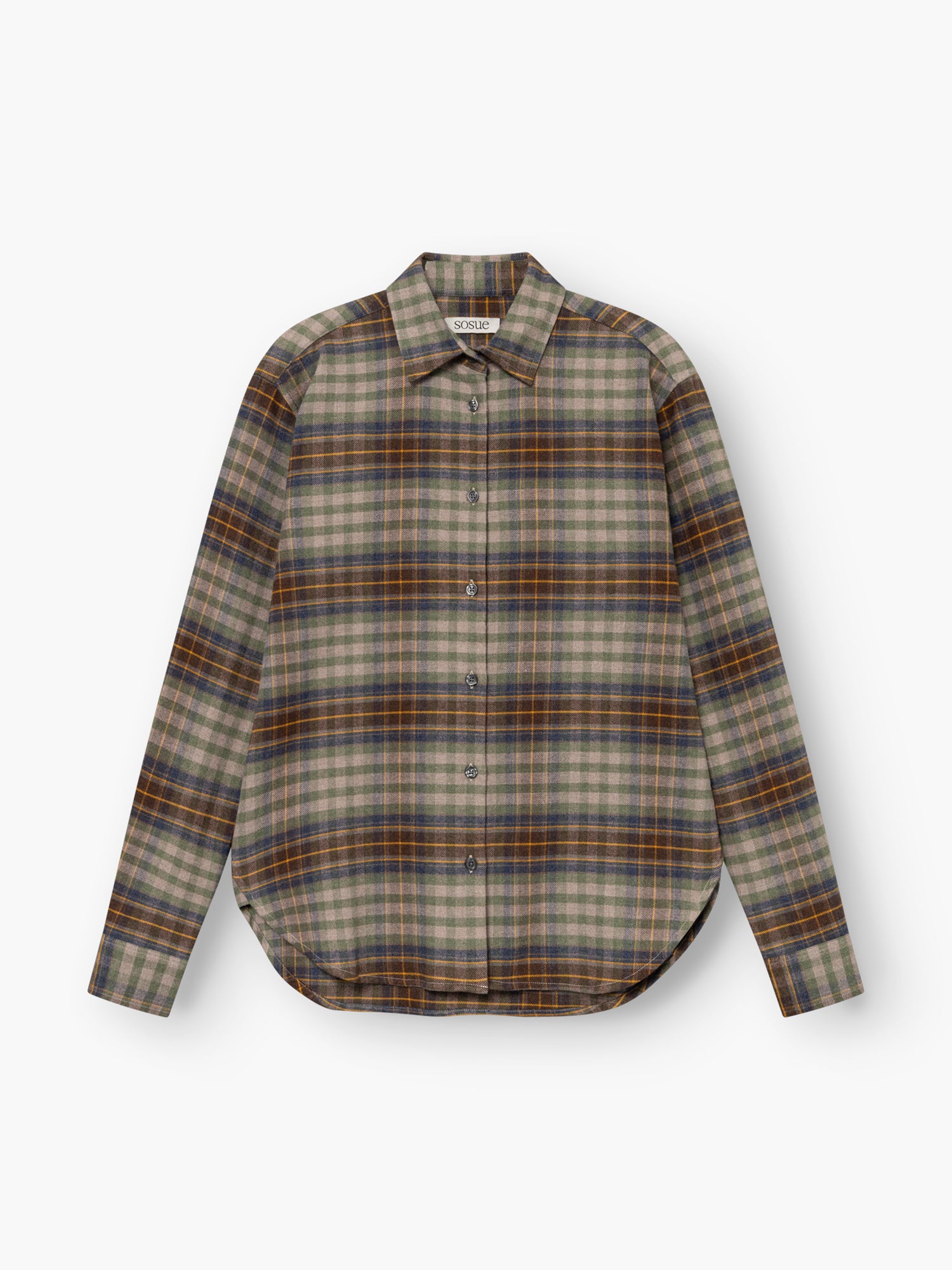 Bluse „Karoline Check“, eine langärmelige Knopfbluse mit Karomuster in Braun-, Grau- und Grüntönen auf weißem Hintergrund.